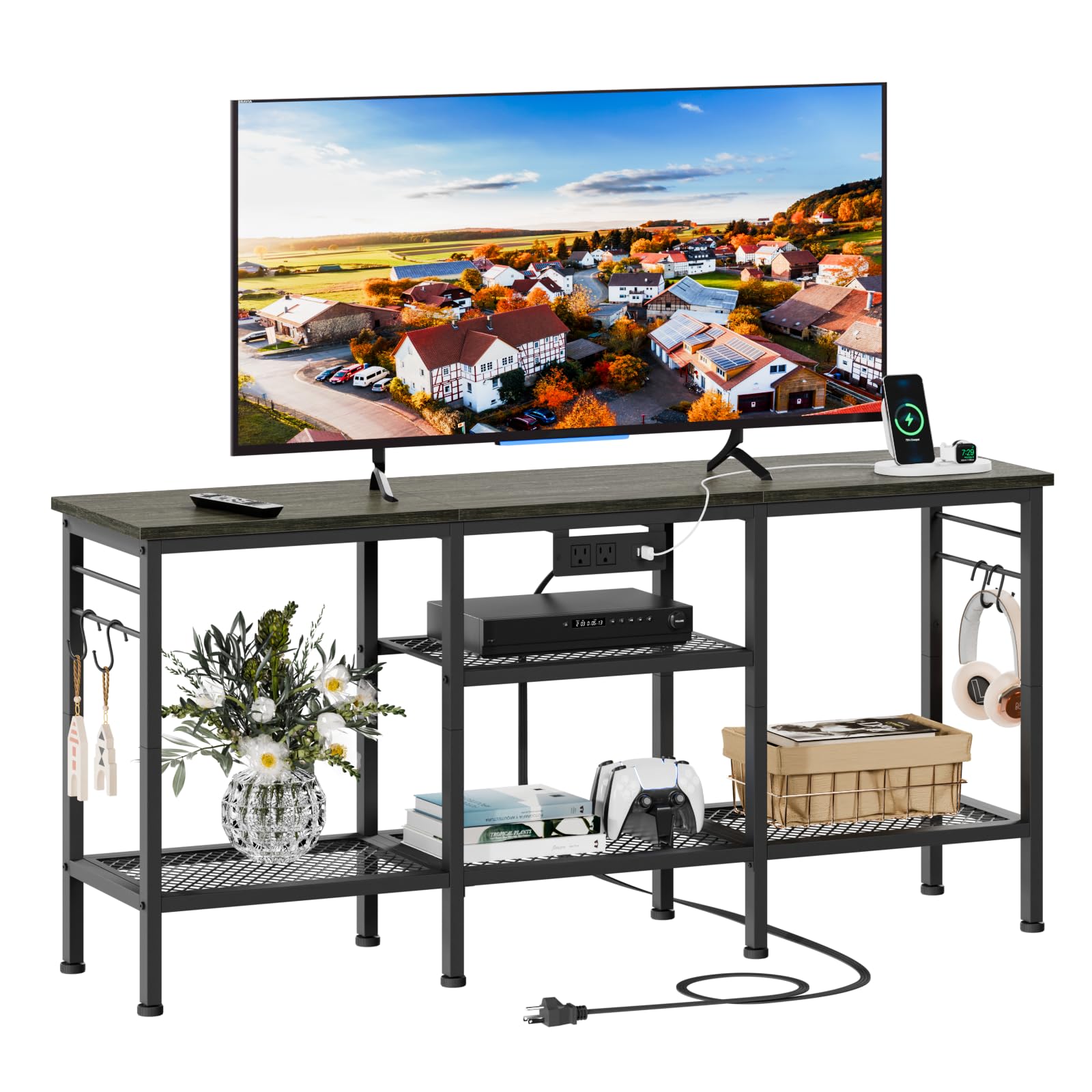 Furologee Tv Stand With Power Outlets, Entertainment Center With Open Storage Shelves For Tvs Up To 55 Inch, Tv Media Console Ta
