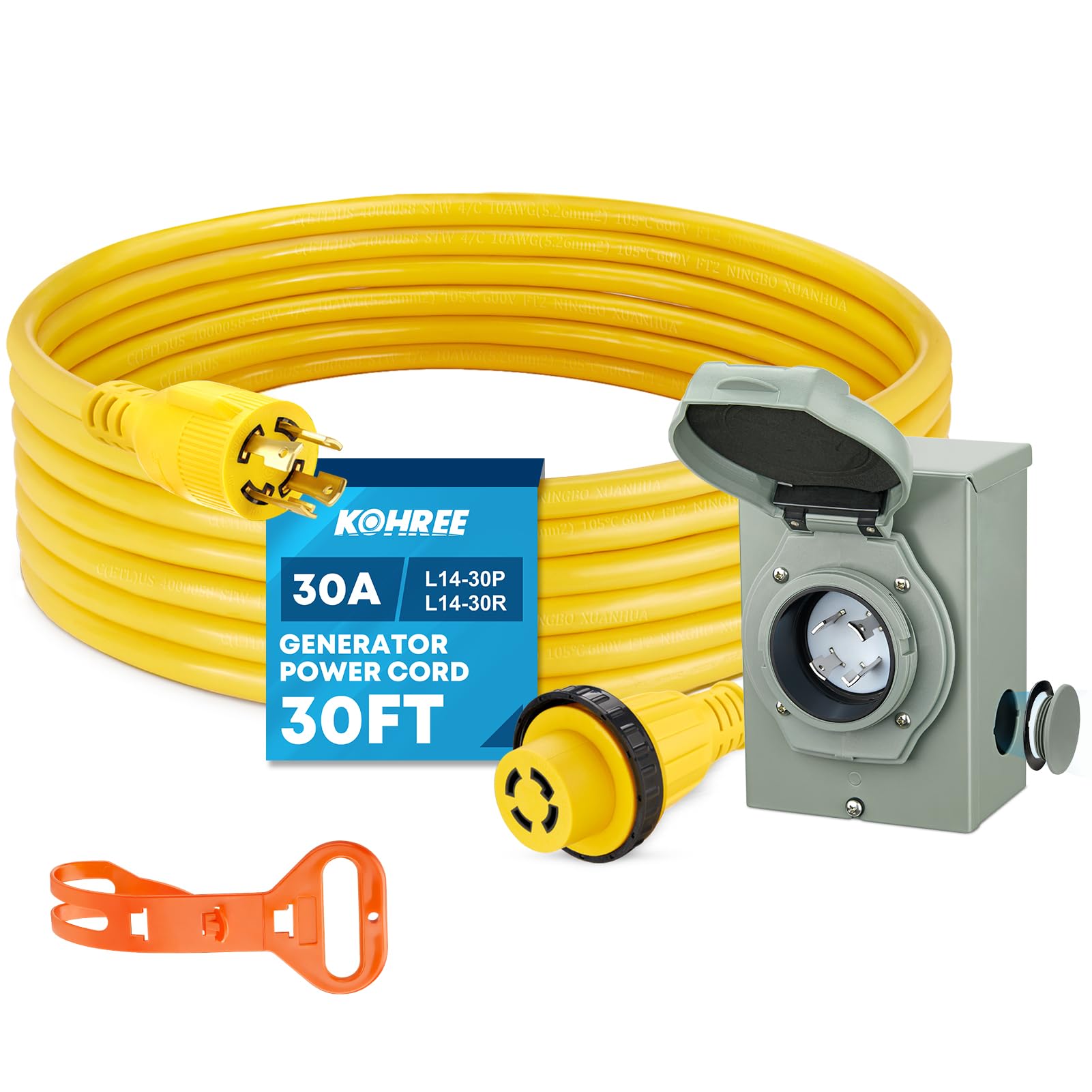 Kohree 30 Amp Generator Cord And Pre-Drilled Power Inlet Box, 30Ft 4 Prong Nema L14-30P To L14-30R 10 Gauge Generator Extension