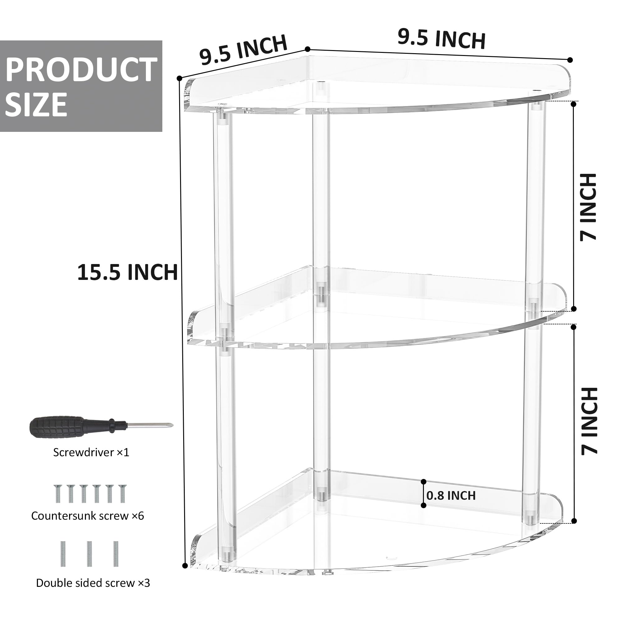 Sezanrpt 3 Tier Acrylic Corner Shelf Organizer Storage 9.5X9.5X15.7 Inch, Transparent Countertop Corner Shelf For Bathroom, Kitchen, Bedroom, Office, Study Room