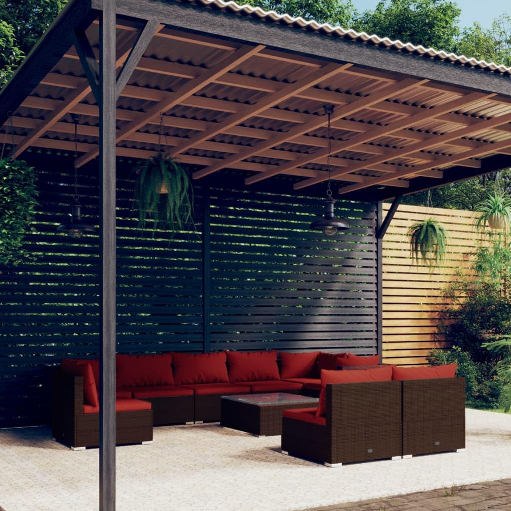 vidaXL 10 Piece Patio Lounge Set – Durable and Lightweight Poly Rattan Outdoor Furniture with Cushions – Brown & Cinnamon Red