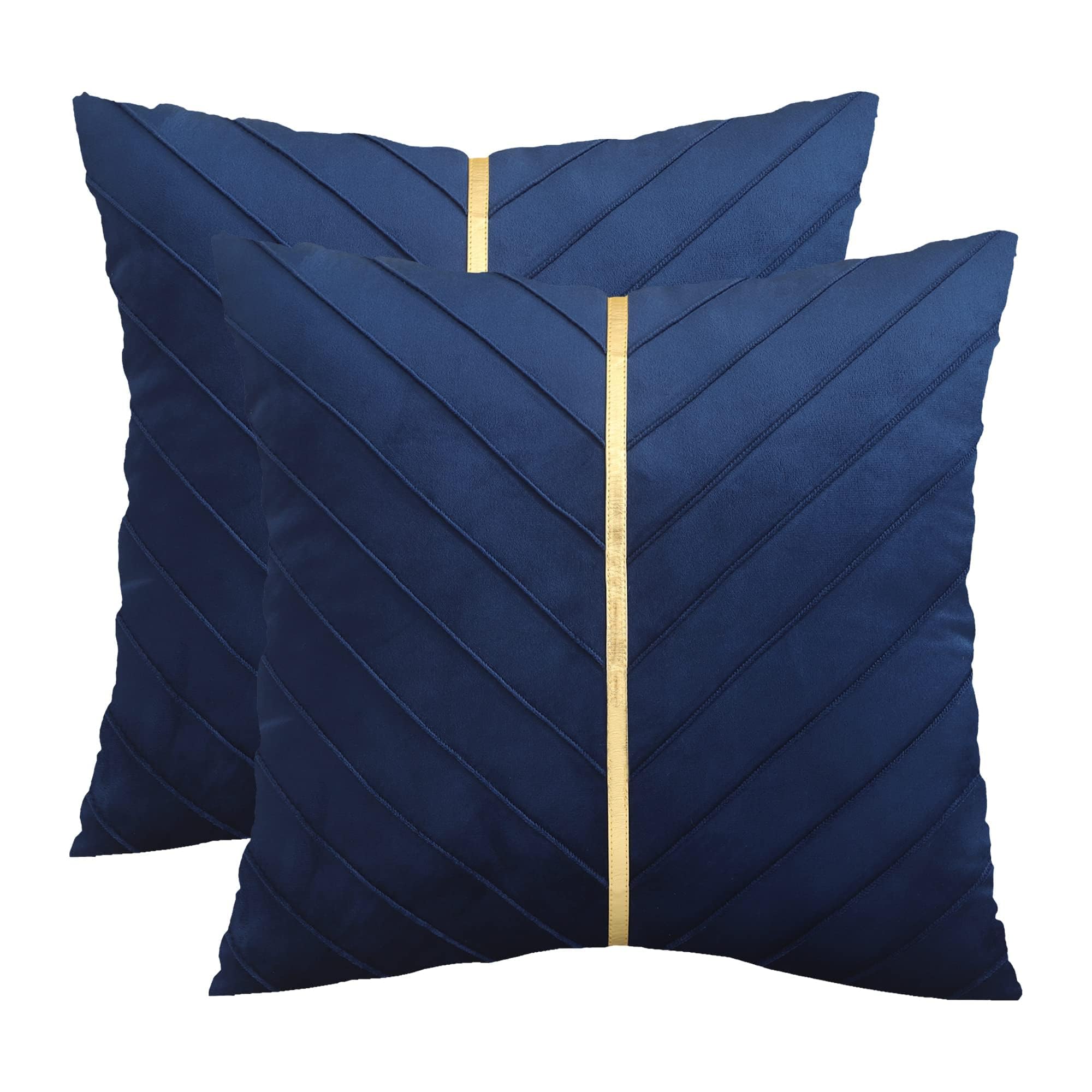 Tosleo Navy Blue Velvet Throw Pillow Covers 24X24 Inch Pack Of 2 With Gold Leather Decorative Couch Pillowcases Luxury Modern Pi