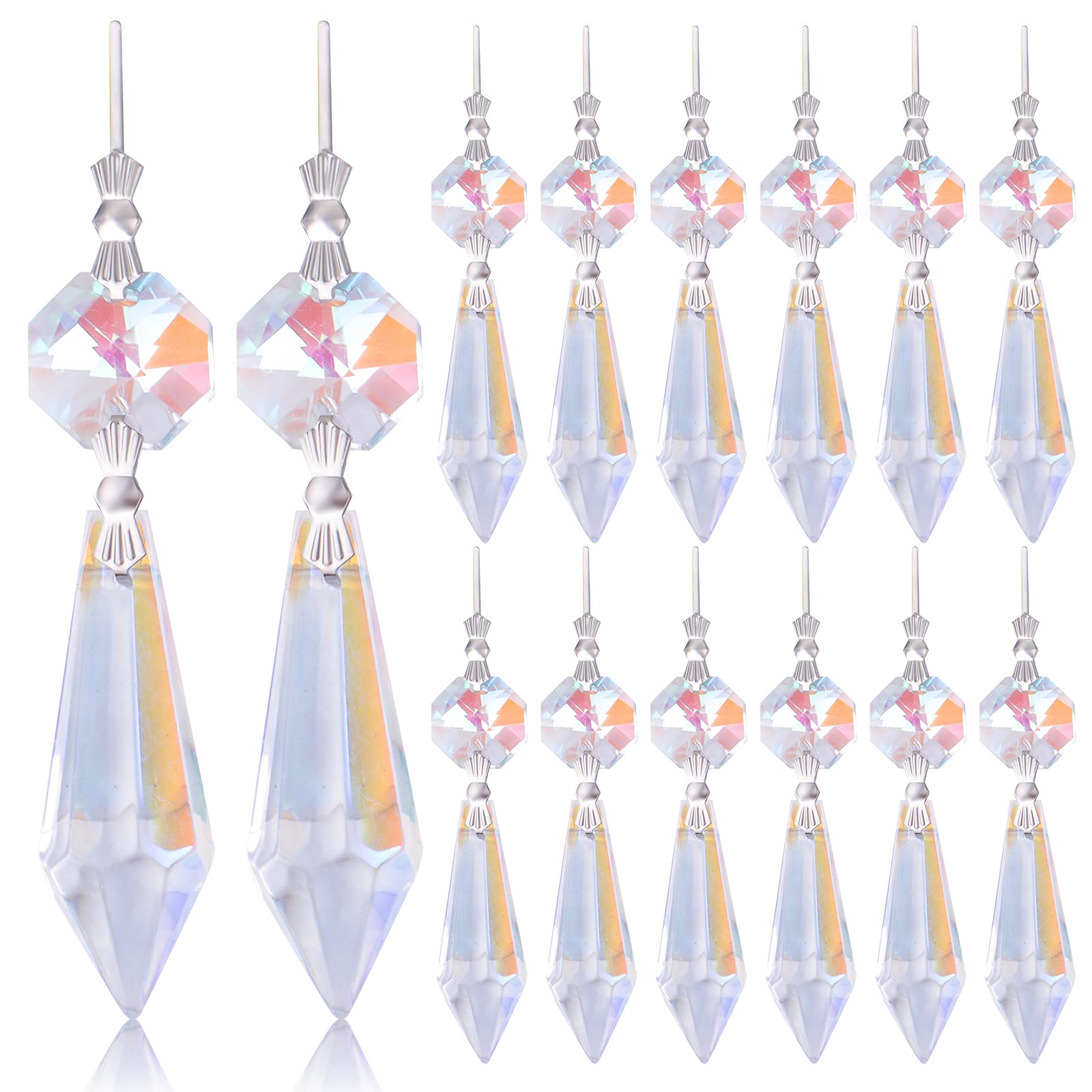 20Pcs Crystals Prisms Glass Tip Beads Replacement Chandelier Icicle Drop Pendants Octagon Crystal Beads Metal Connectors For Lam