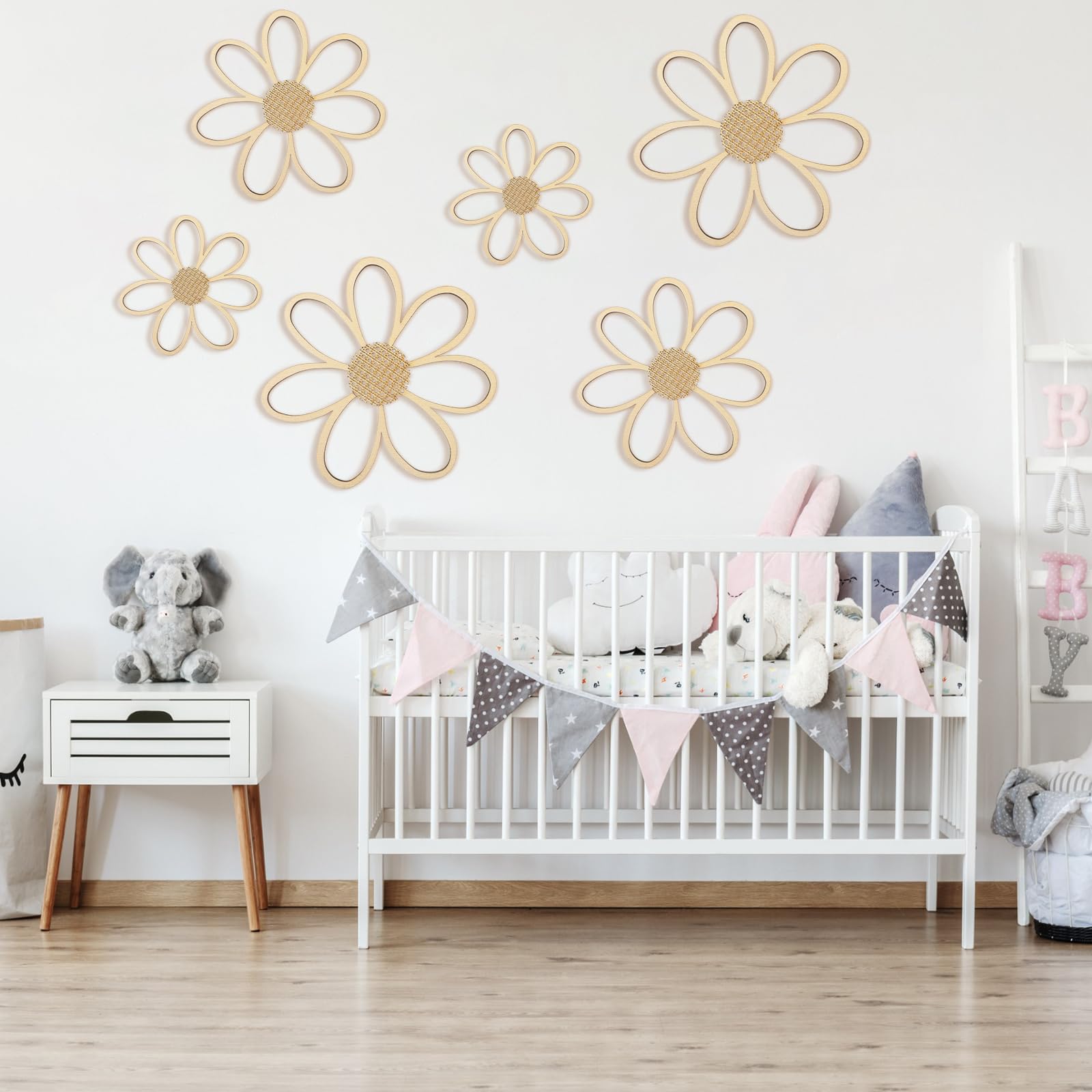 Thyle 6 Pcs Daisy Wall Decor Wooden Daisy Wall Art Flowers Wall Signs Hanging Plaque for Home Nursery Bedroom Farmhouse Bathroom