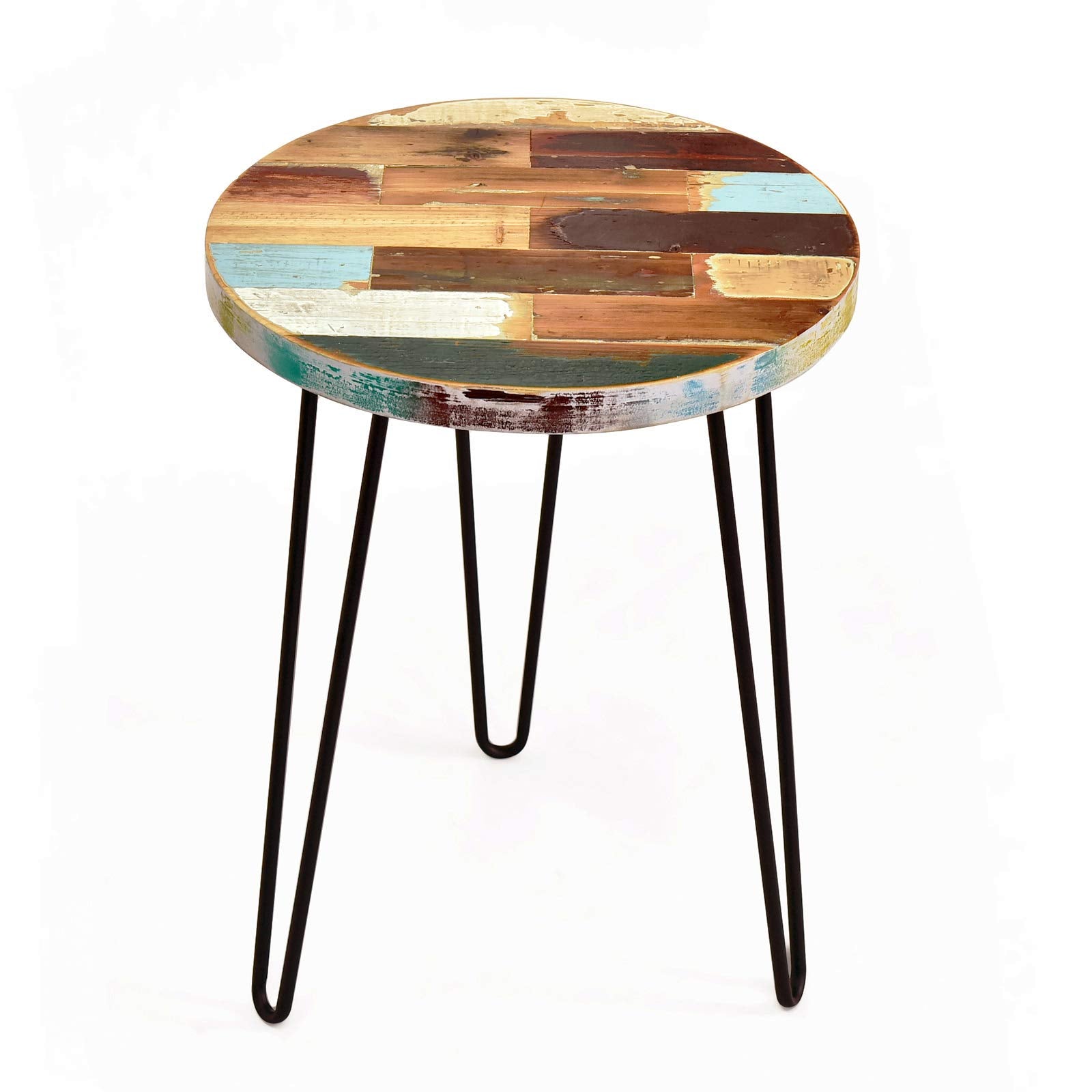 WELLAND Side Table Reclaimed Wood, Round Hairpin Leg End Table, Night Stand, Recycled Boat Wood, 20 Tall