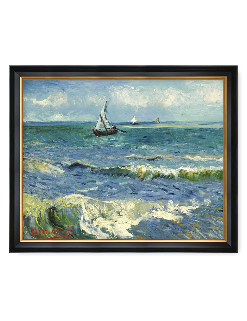DECORARTS - The Sea at Les Saintes-Maries-de-la-Mer by Vincent Van Gogh. Giclee Print with Solid Wood Frame in Classical Style. 