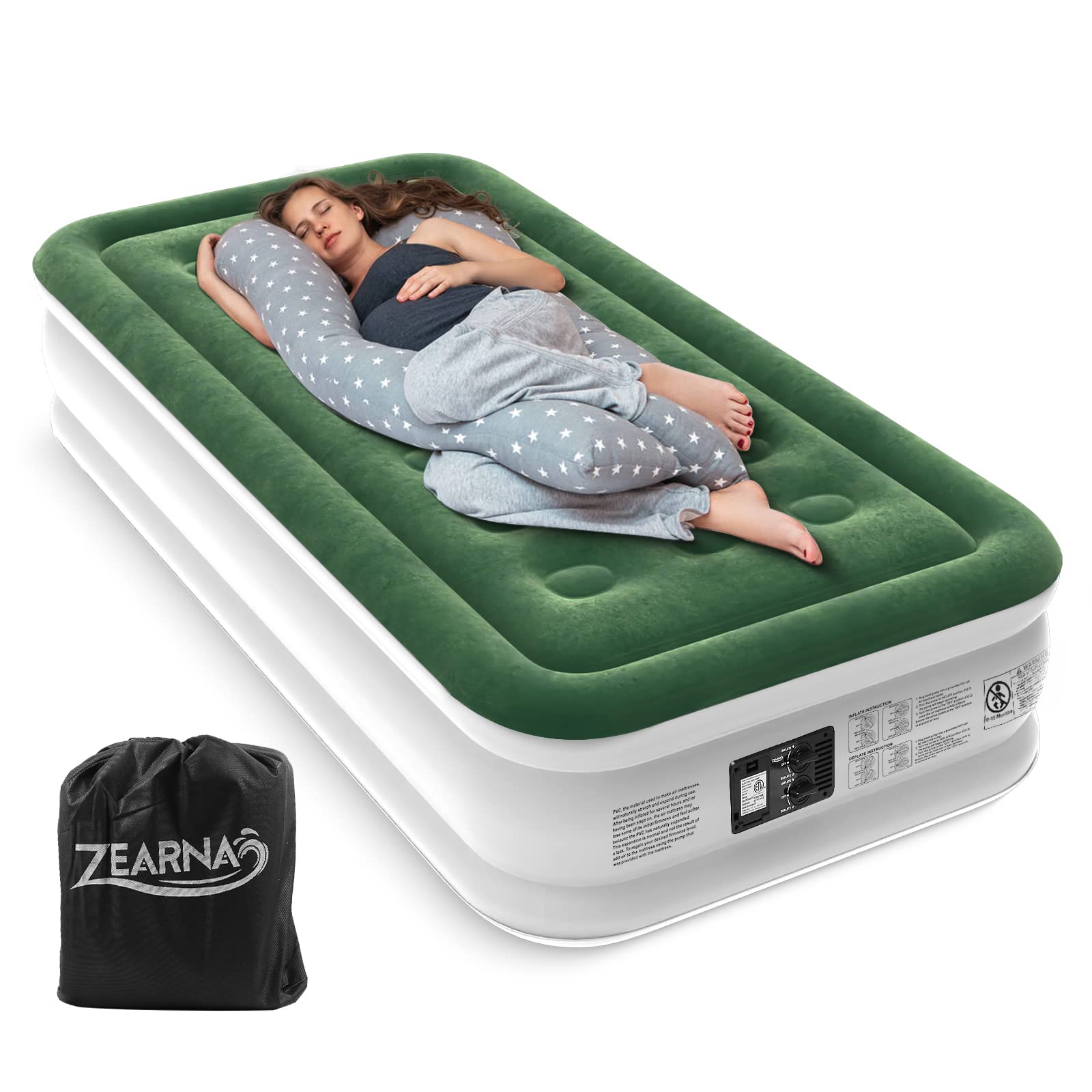 Zearna Twin Air Mattress With Built Pump, 16' Durable Blow Up Mattress Airbed, Comfortable Top Surface Inflatable Mattress For