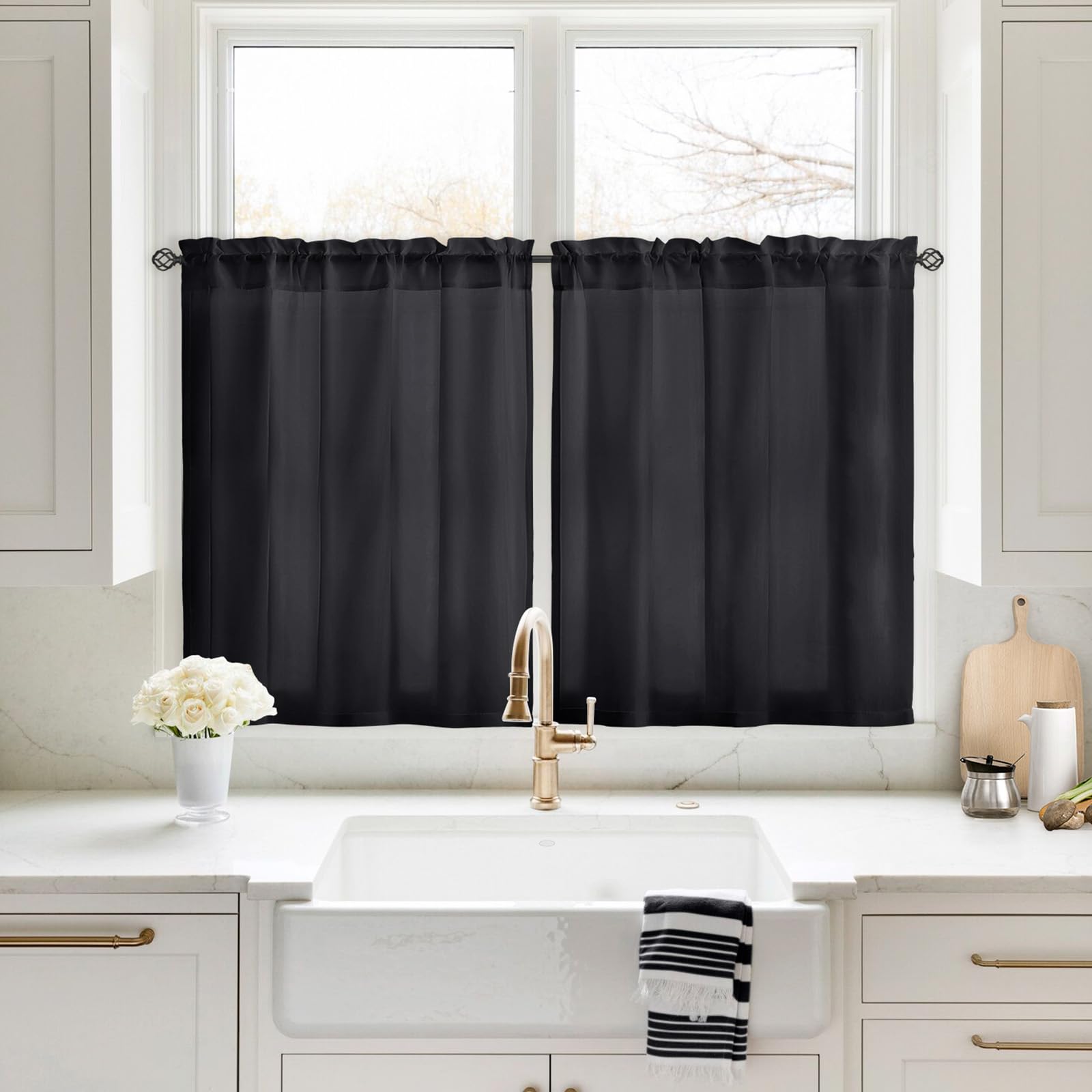 Homeideas Non-See-Through Black Privacy Sheer Kitchen Curtains 30 X 36 Inches Long 2 Panels Short Sheer Curtains Light Filtering Bathroom Window Curtains Drapes For Bedroom Living Room