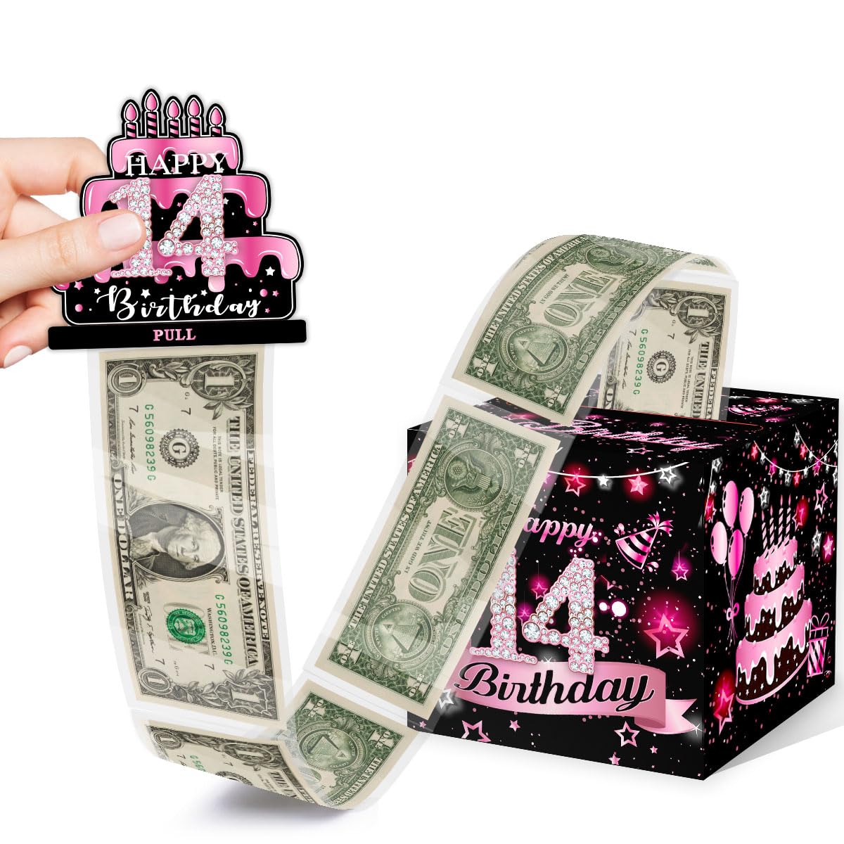 Money Box For Cash Birthday Gift, 14 Years Old Surprise Box Gift Box For Money Pull, 14Th Birthday Money Gift Ideas, Pink Birthd