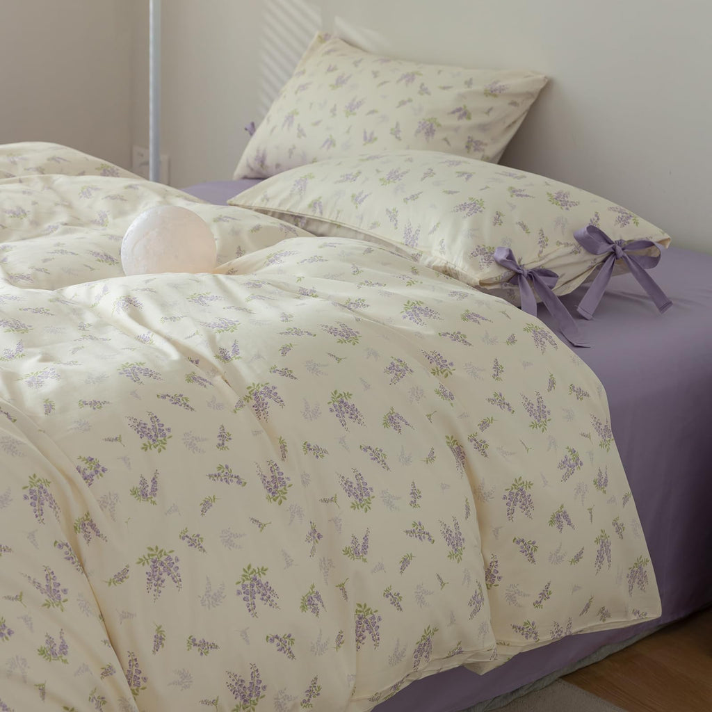 Cotton Duvet Cover King Chic Purple Floral Bedding Set Vintage Botanical Lavender Flower Duvet Cover Garden Style Lilac Floral C