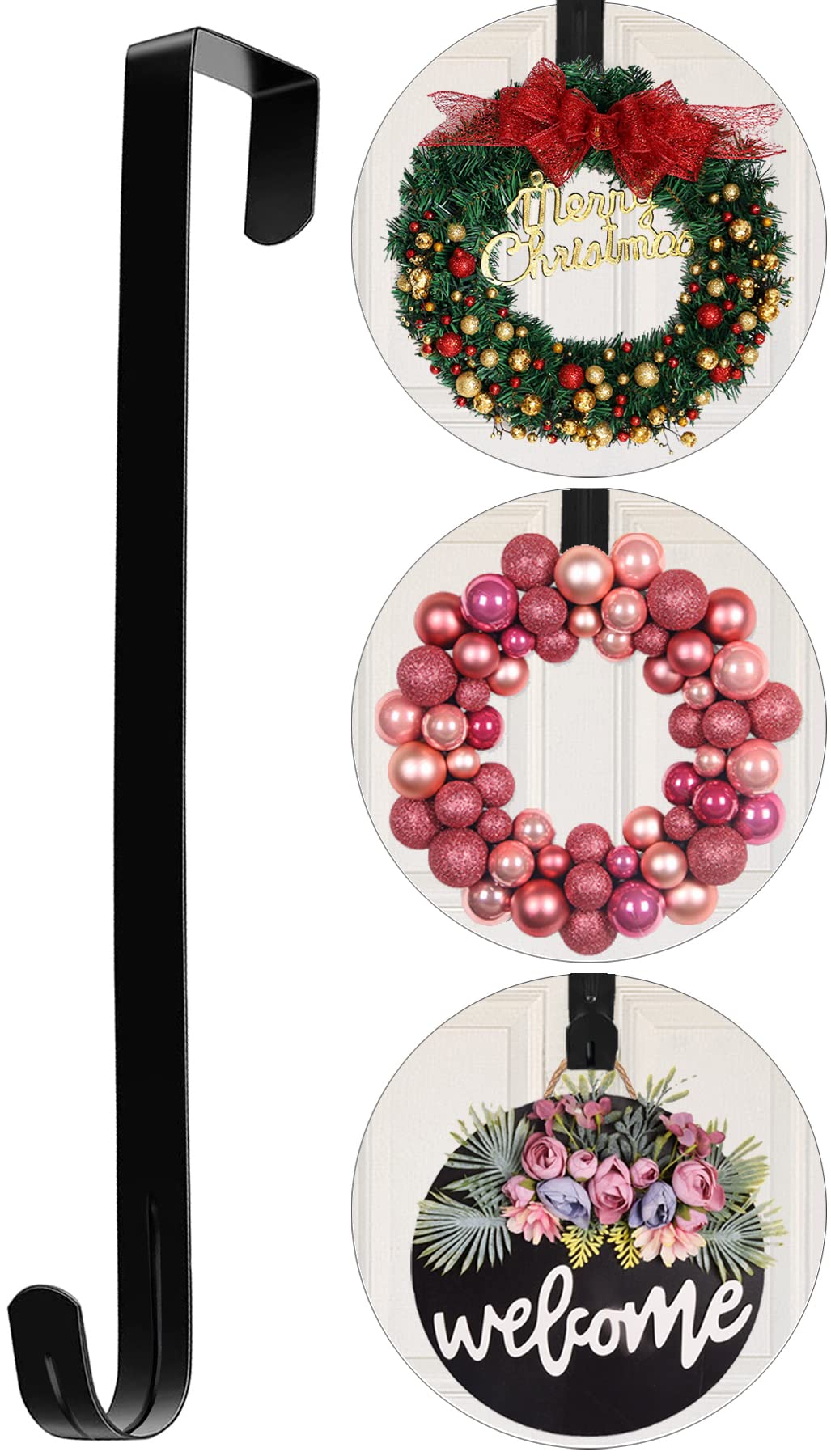 Komotu 12' Wreath Hanger for Front Door Halloween Christmas Easter Decoration Metal Over The Door Single Hook Ornament Wreath D