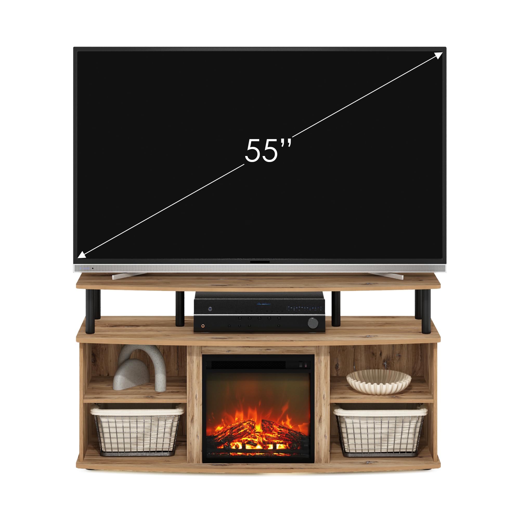 Furinno Jensen Open Shelving Storage Fireplace TV Entertainment Center for TV up to 55 Inch, Flagstaff Oak/Black