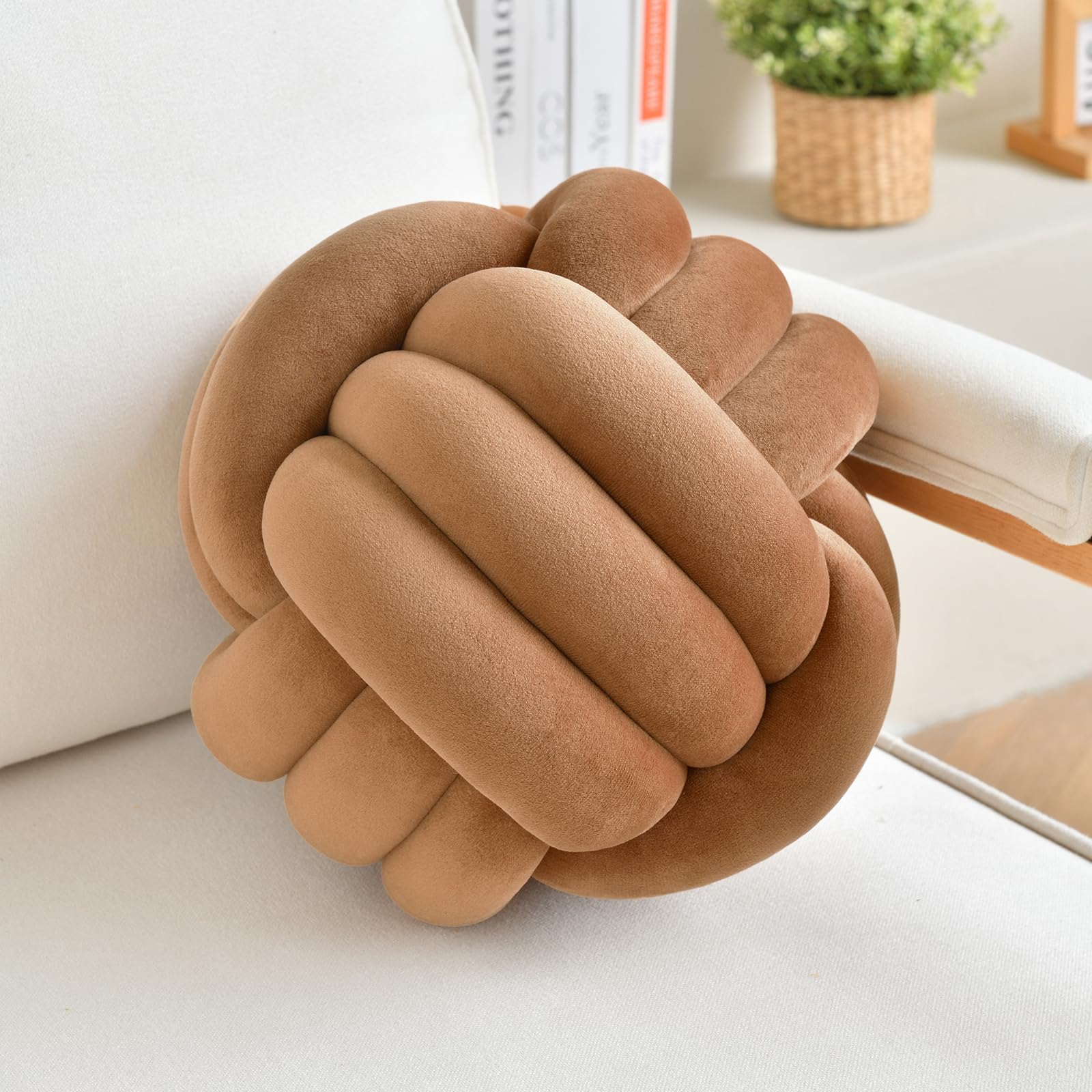 Lusjnge Decorative Throw Knot Pillow Ball For Home Chair Sofa Couch Bed Aesthetic Round Velvet Knotted Pillow Cushion (Coffee, 1
