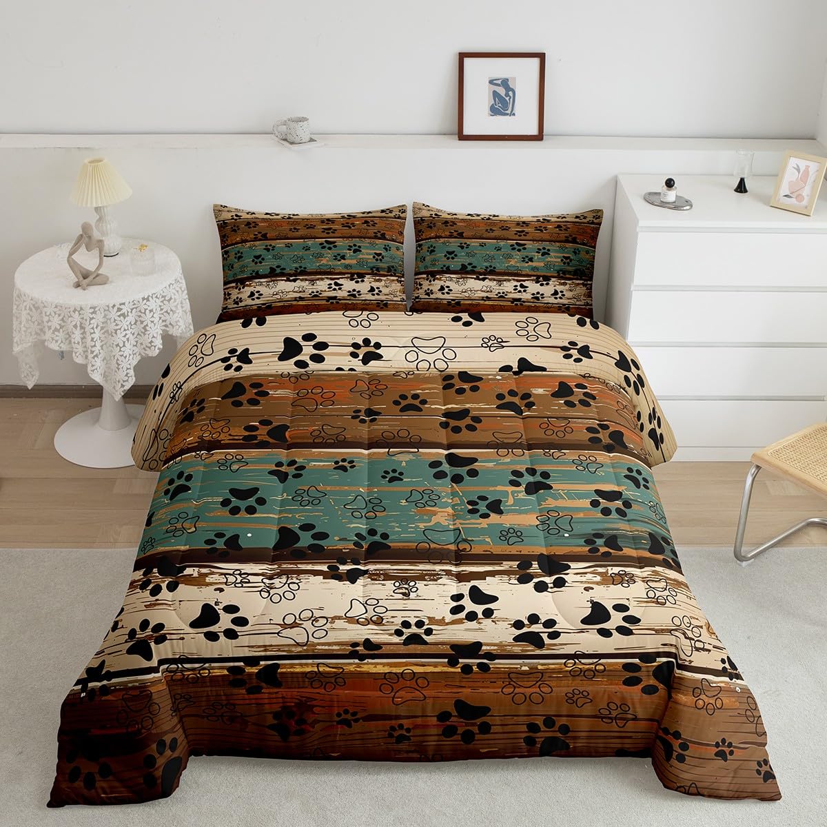 Manfei Paw Print Kids Comforter Set Twin Size, Animal Tracks Print Bedding Set For Boys Girls Dog Lover Room Decor, Retro Wooden