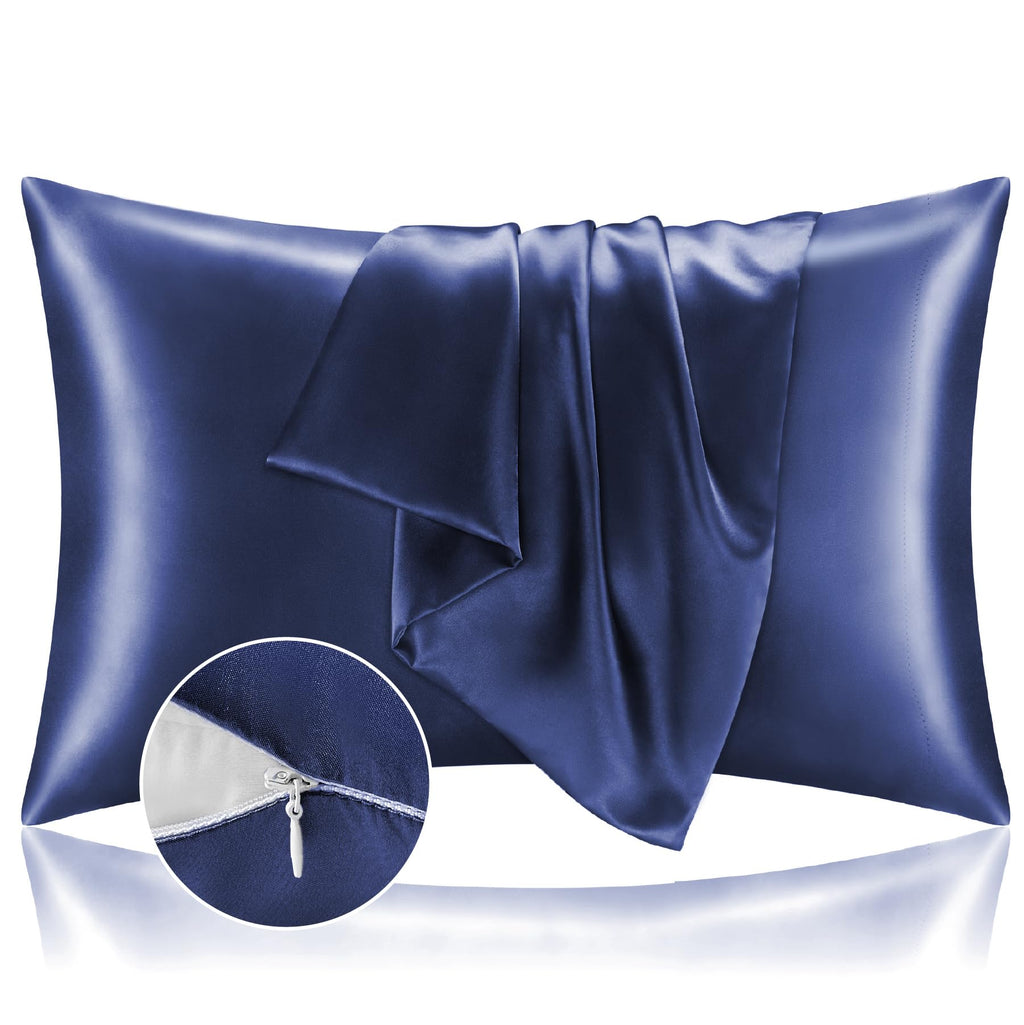 Bedelite Satin Pillowcase With Zipper, Navy Pillow Cases Queen Size Set Of 2, Super Soft And Cooling Similar To Silk Pillow Case