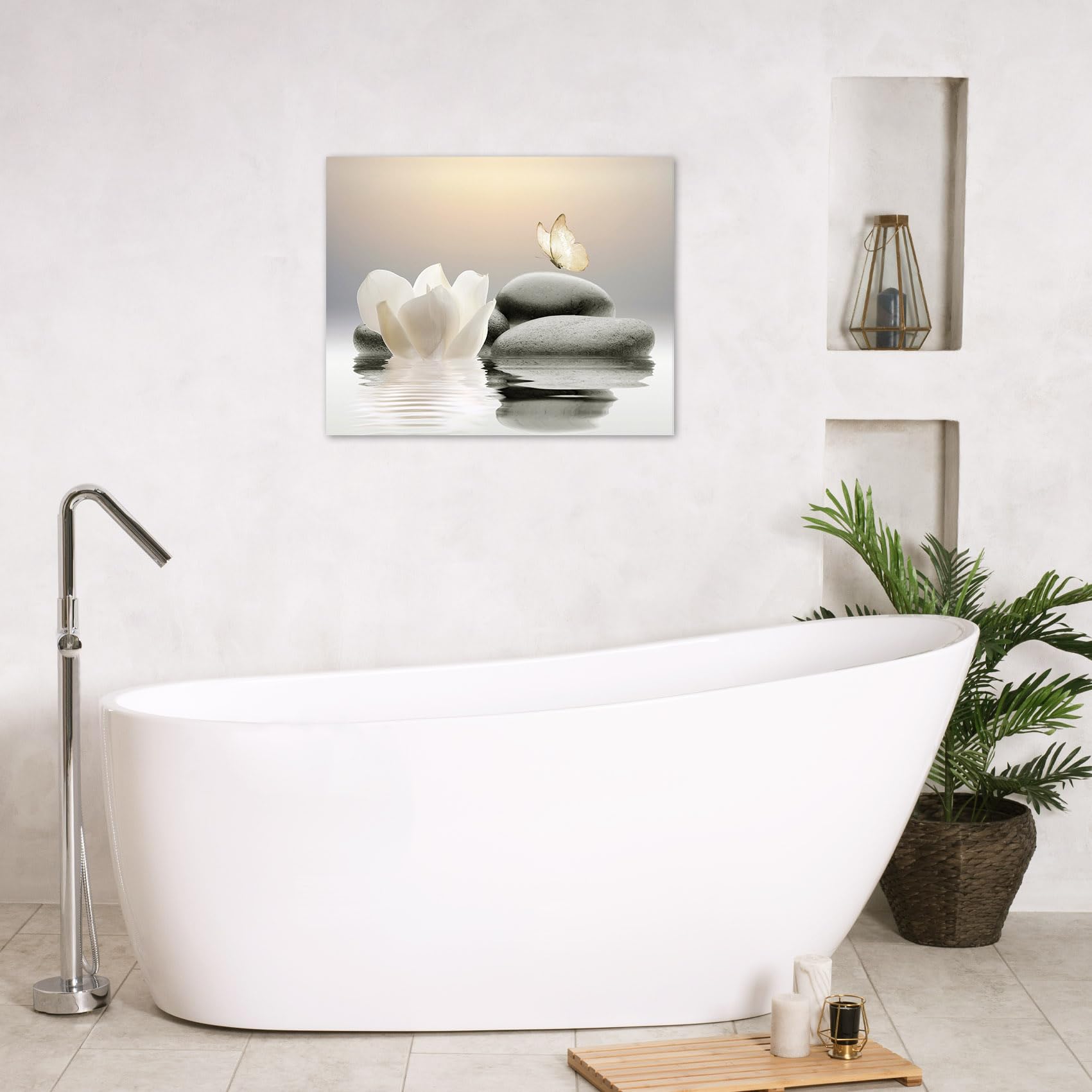 Eobtain Zen Water Lily Canvas Wall Art White Floral And Yellow Butterfly On Stone Bedroom Wall Decor Modern Spiritual Yoga Spa P