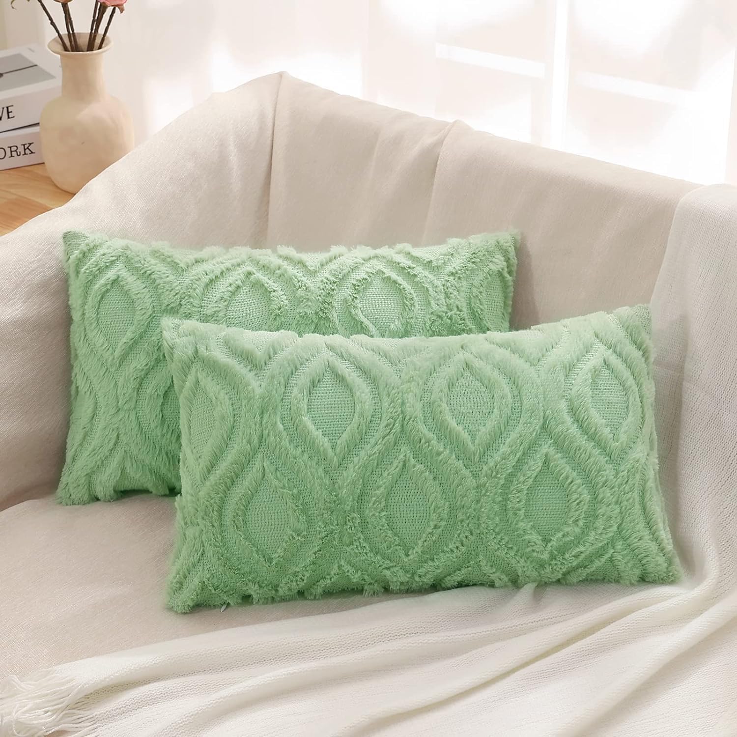 Decoruhome Decorative Throw Pillow Covers 12X20, Soft Plush Faux Wool Lumbar Couch Pillow Covers For Home, Set Of 2, Sage Green