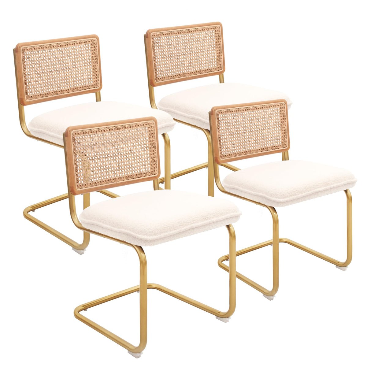 Canglong Modern Dining Chairs Set Of 4 With Natural Mesh Rattan Backrest, Upholstered Fleece Seat Armless Accent Chairs With Met