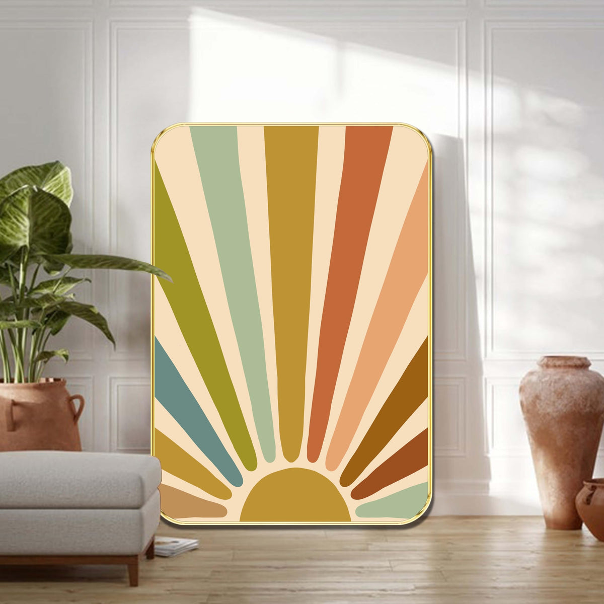 Livinluxe Boho Sunburst Art Print | Vibrant Retro Style Framed Art Print in Earthy Pastel Tones | Golden Frame Decorative Art f