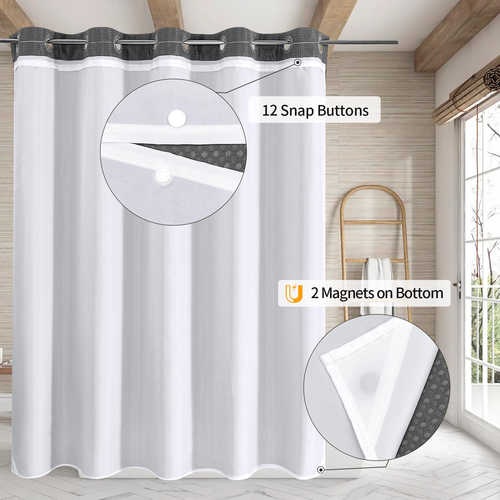 Mitovilla No Hooks Needed Extra Long Shower Curtain Set With Snap-In Liner, Grey 86 Inch Xl Heavyweight Waffle Fabric Cloth Show