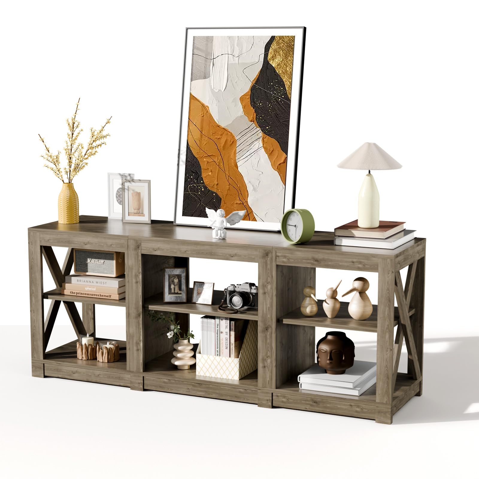VINGLI TV Stand for 70 Inch TV, Farmhouse Entertainment Center with Storage, Mid Century Modern Media TV Console Table for Livin