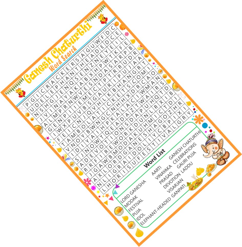 Elephant God Fest Theme Ganesh Chaturthi Word Search Game 30 Cards with Solution Sheet Kitty Party Time Based Puzzle Activity Ga