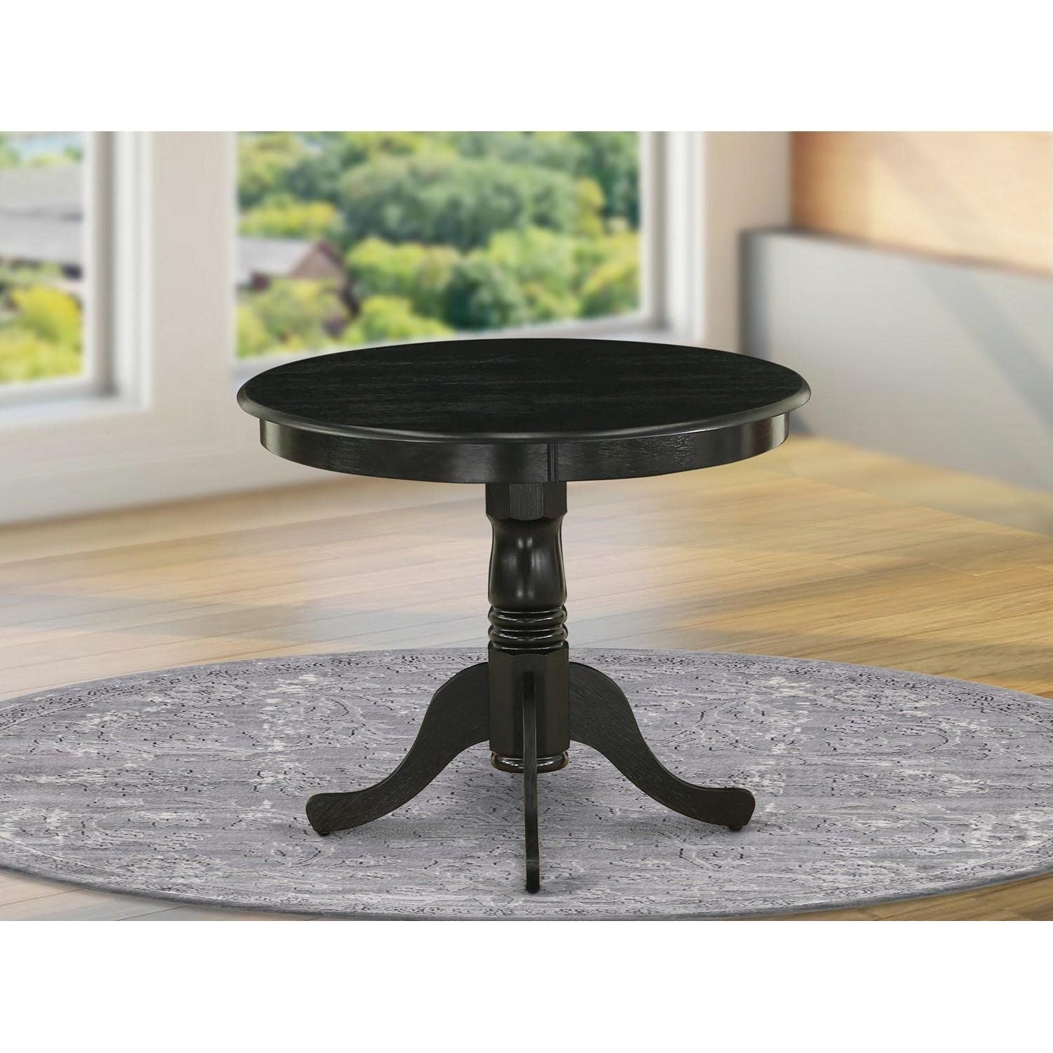East West Furniture Ansi3-Abk-21 3 Piece Dining Set Contains A Round Kitchen Table With Pedestal And 2 Blue Linen Fabric Parson Dining Room Chairs, 36X36 Inch, Wirebrushed Black