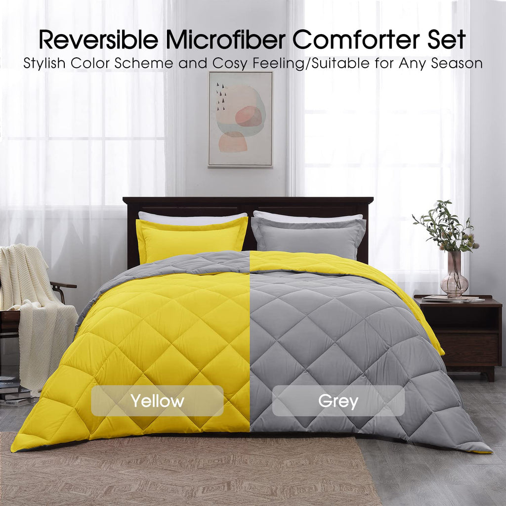 Basic Beyond Twin Comforter Set - Yellow And Gray Comforter Set Twin, Reversible Twin Bed Comforter Set For All Seasons, Yellow/Grey, 1 Comforter (66'X92') And 1 Pillow Sham (20'X26'+2')