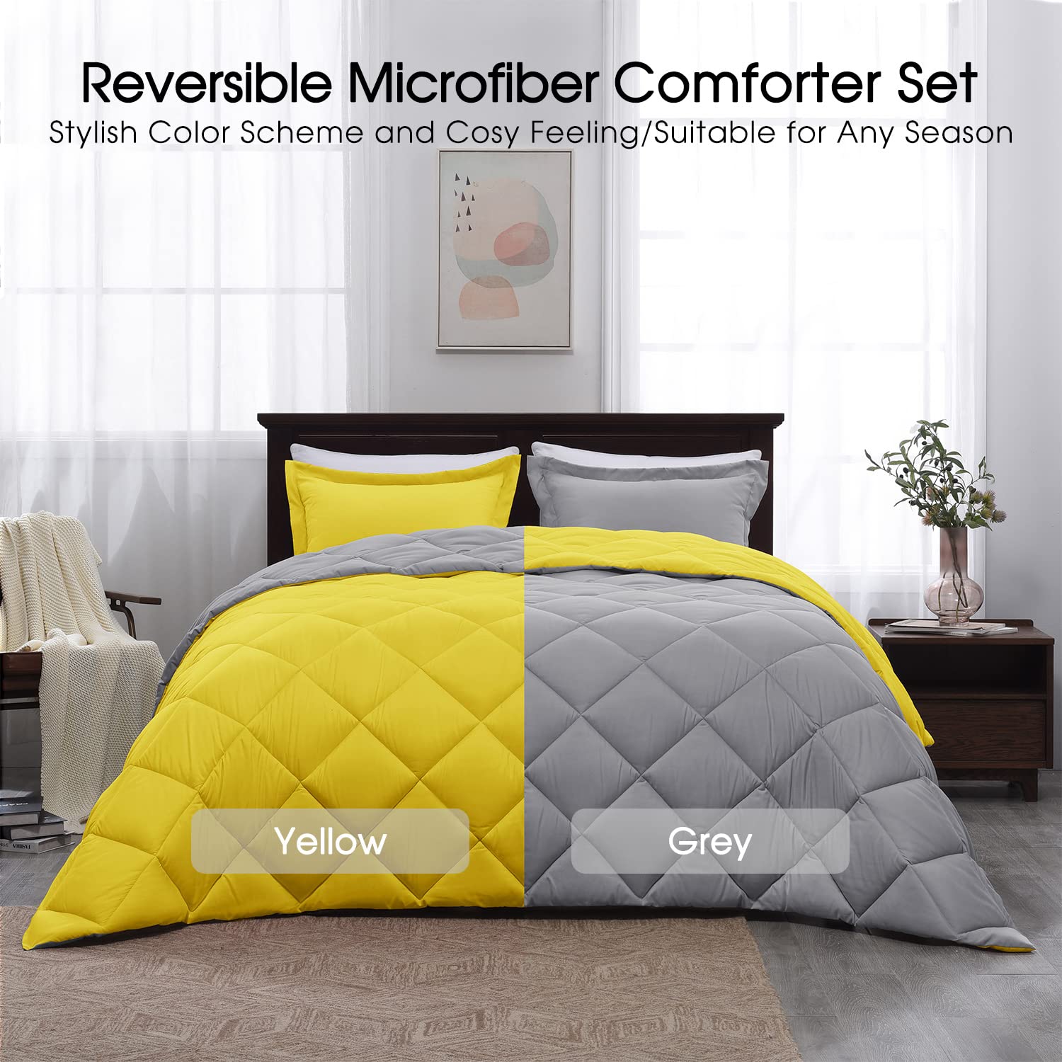 Basic Beyond Twin Comforter Set - Yellow And Gray Comforter Set Twin, Reversible Twin Bed Comforter Set For All Seasons, Yellow/Grey, 1 Comforter (66'X92') And 1 Pillow Sham (20'X26'+2')