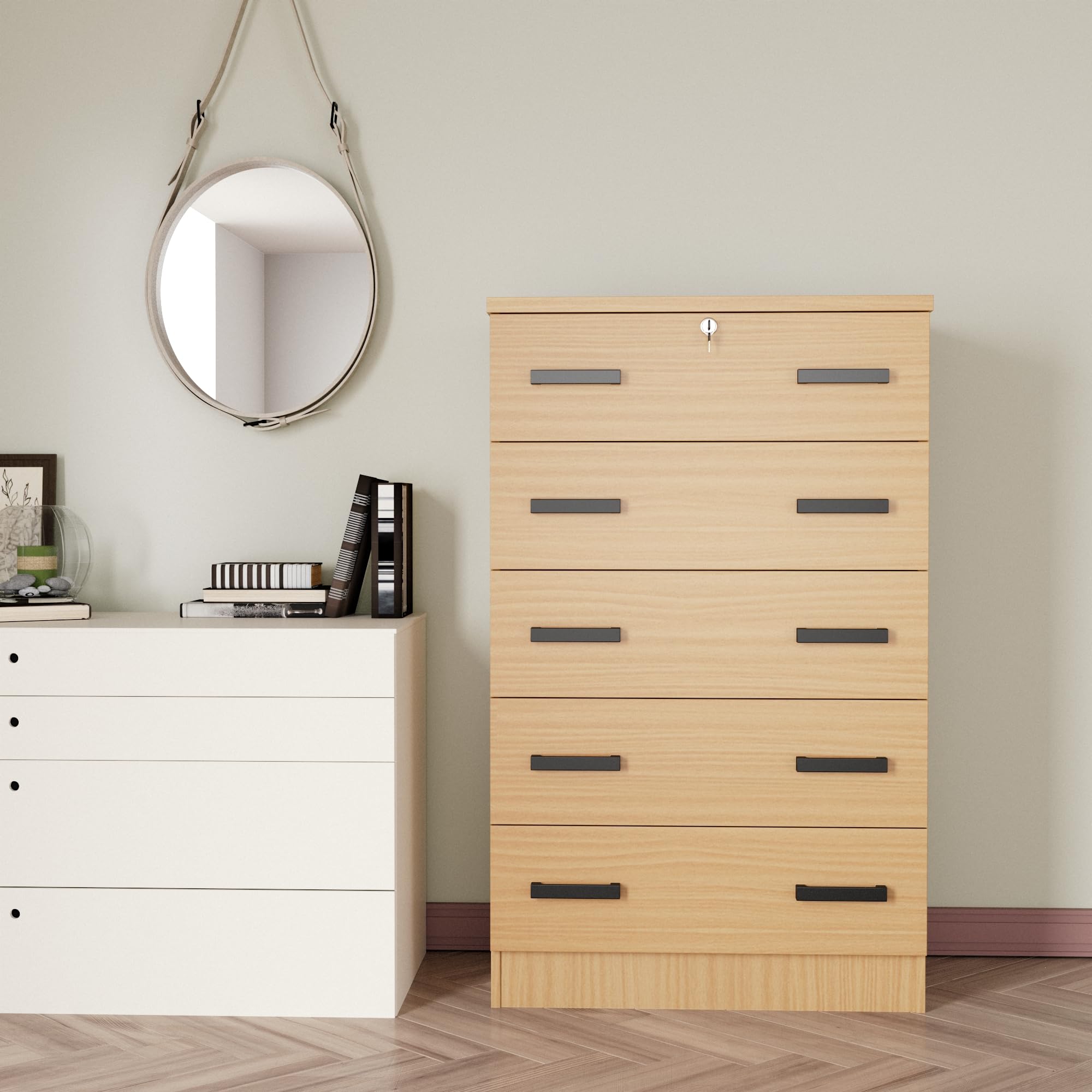 Cindy 5 Drawer Chest Wooden Dresser with Lock in Black (Black)