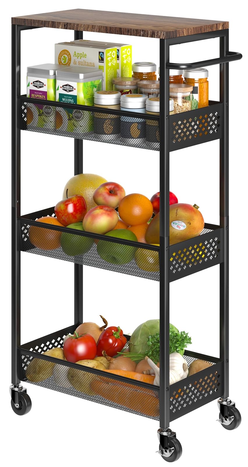 XYZLVSI Slim Storage Cart 4 Tier Fruit and Vegetable Baskets for Kitchen Small Space, Narrow Rolling Cart on Wheels with Wooden 