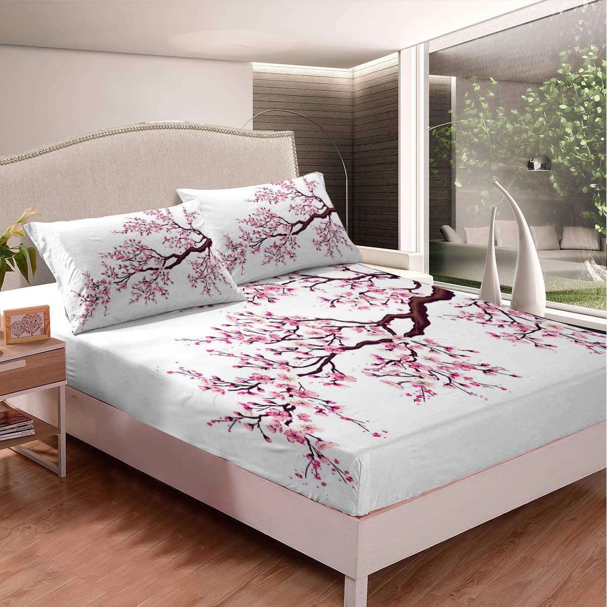 Cherry Blossoms Fitted Sheet Japanese Style Bedding Set for Kids Girls Children Chic Pink Floral Flowers Bed Sheet Set Tree Bran