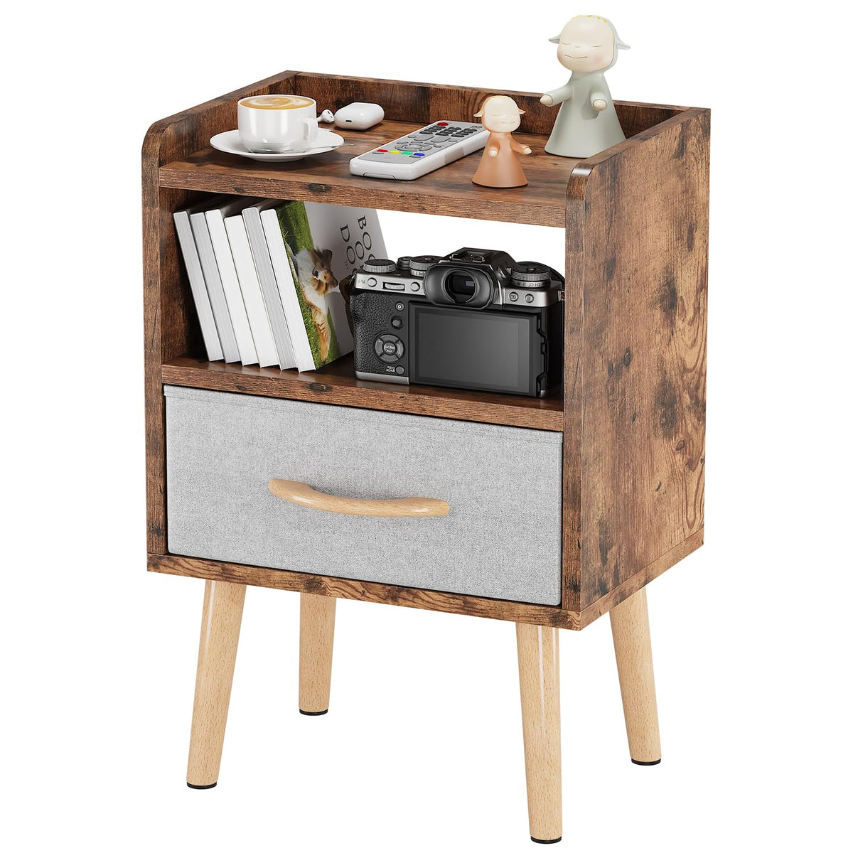 Lucknock Night Stand With Drawer, Modern Nightstand, Bedside Tables, Mid Century Nightstands With Open Storage Shelf, Wood Bedside Table, Small Night Stands For Bedroom, Rustic Brown.