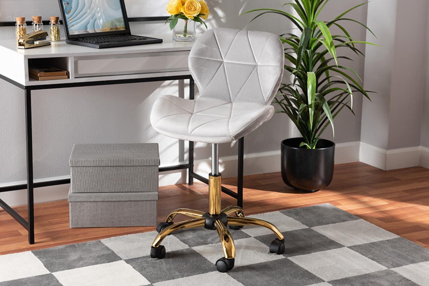 Baxton Studio Savara Grey Velvet Fabric And Gold Metal Swivel Office Chair