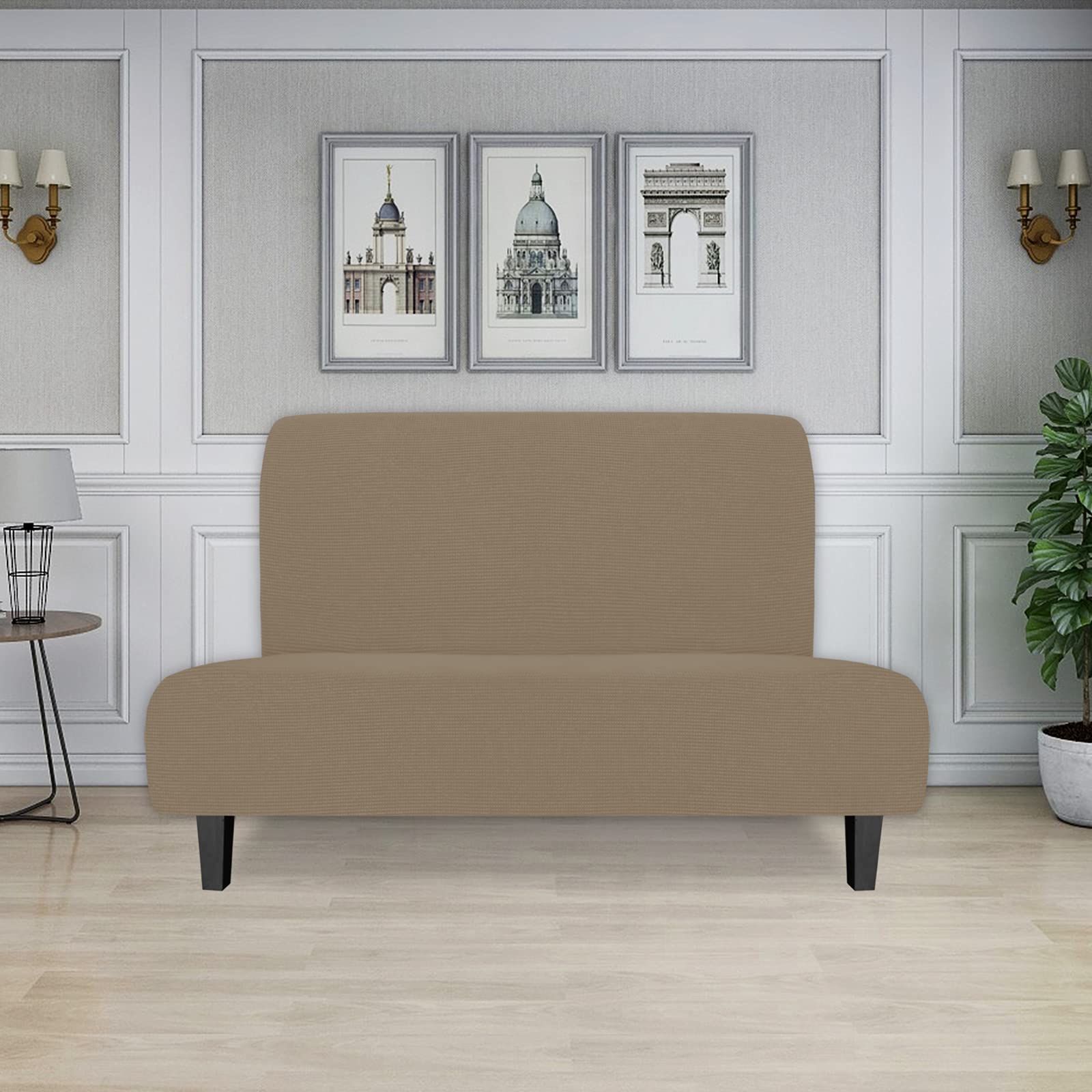 Easy-Going Stretch Futon Slipcover Armless Futon Bed Cover Furniture Protector Without Armrests With Elastic Bottom For Kids, Soft Jacquard Fabric Small Checks (Medium, Natural)