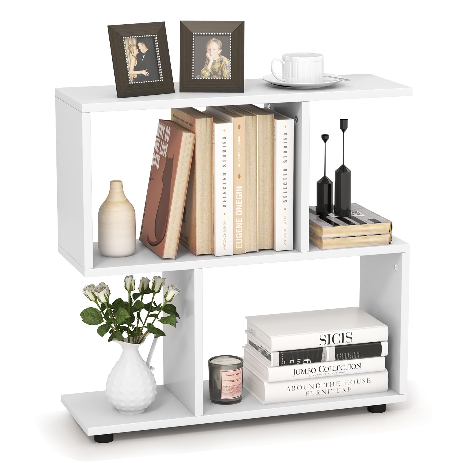 Tangkula 2 Tier Geometric Bookshelf, Freestanding Wood Display Shelf ...