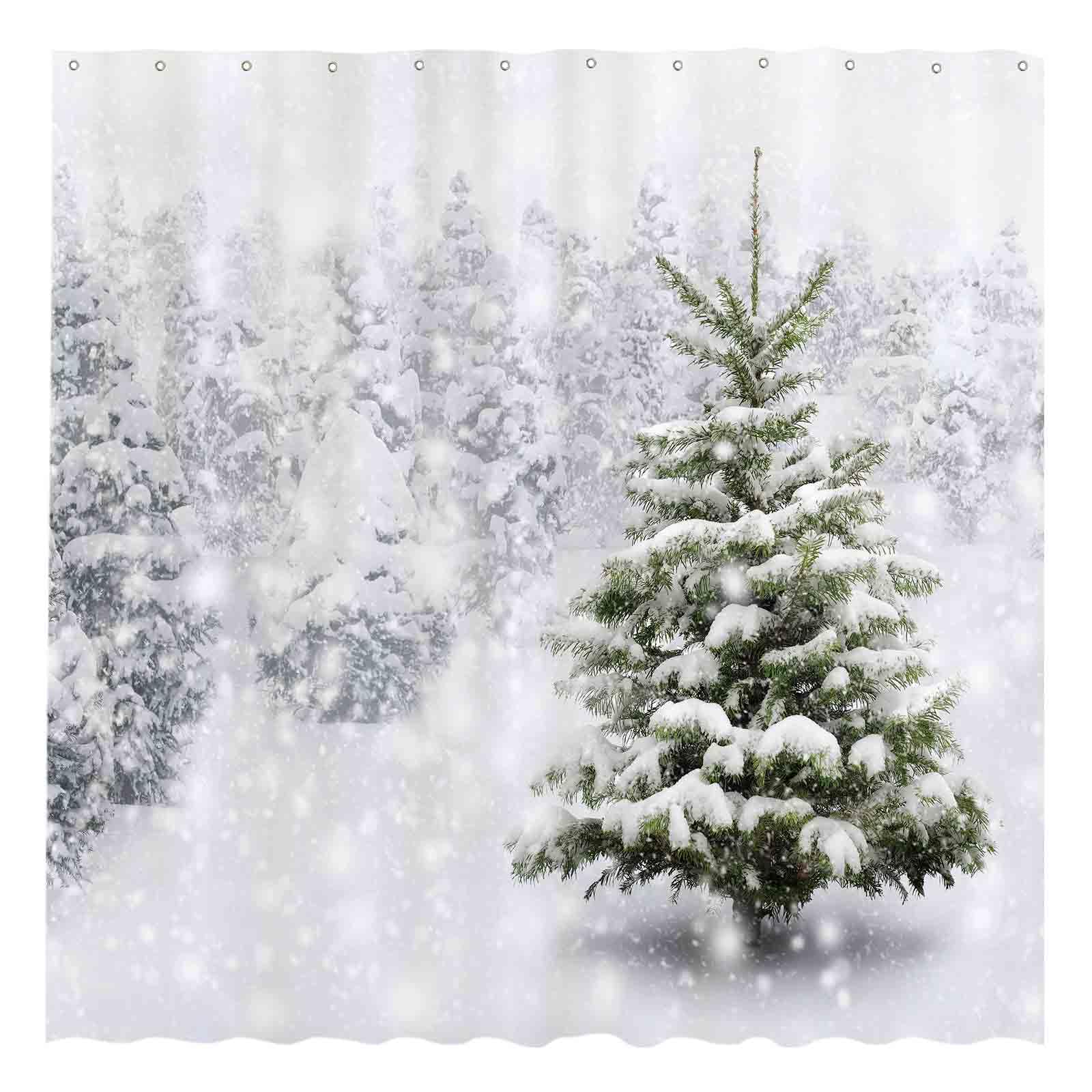 Allenjoy 72x72 inch Christmas Shower Curtain Set Natural Winter Forest Snowflake Snowfall Bathroom Curtain Durable Waterproof Fa