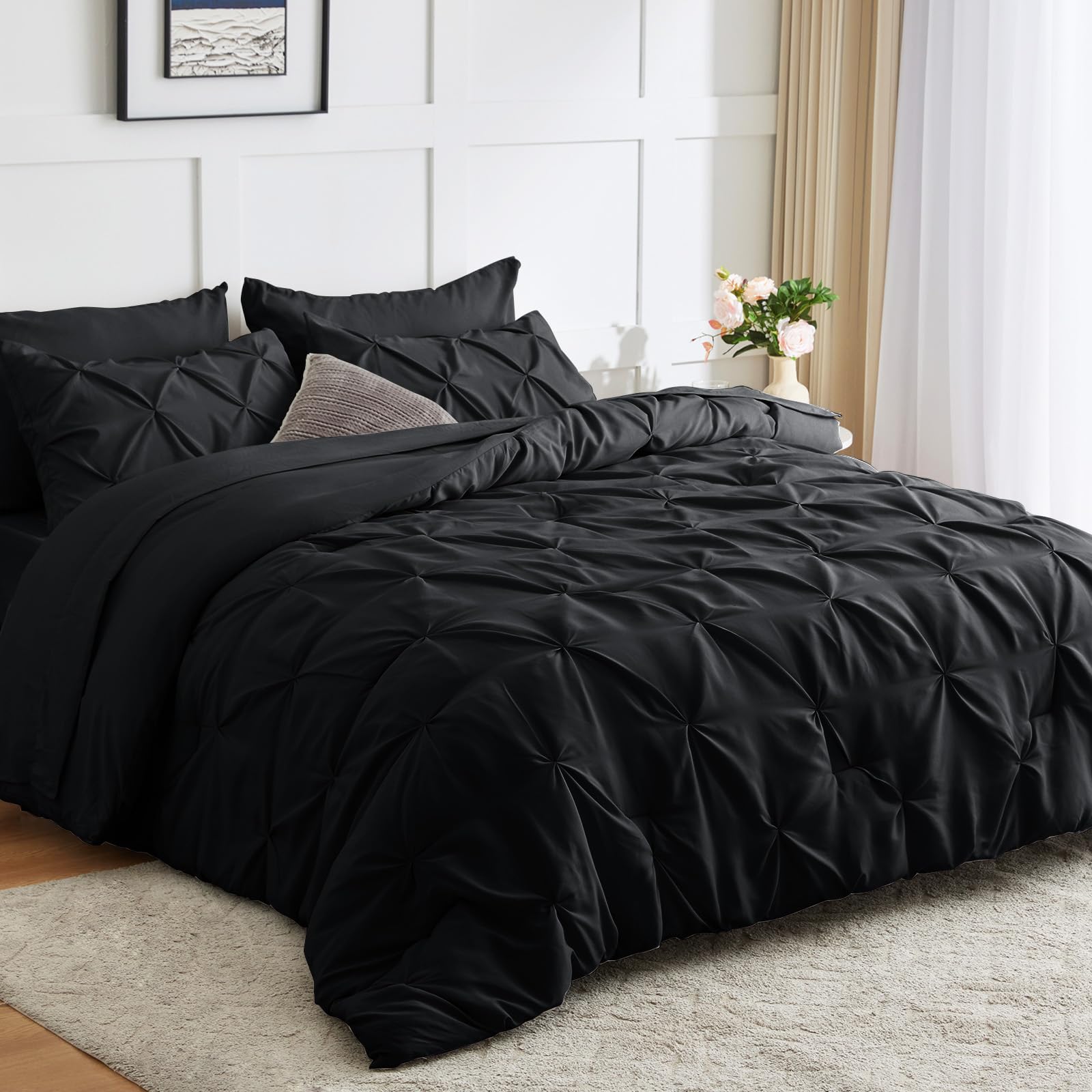 Cozylux California King Comforter Set - Cal King Bed Set 7 Pieces, Pinch Pleat Black Cali King Bedding Set With Comforter, Sheet