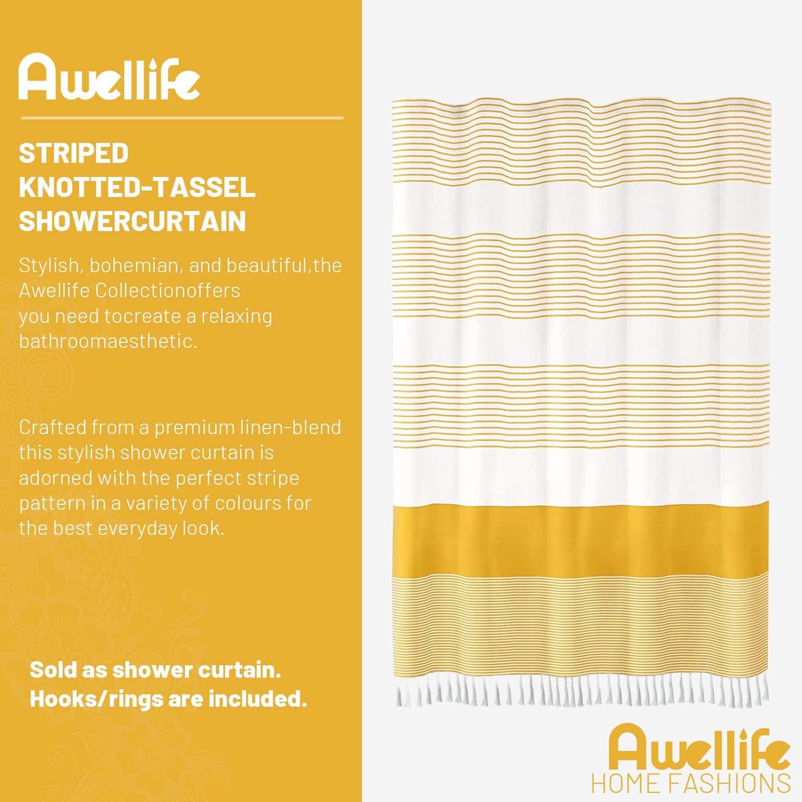 Awellife Boho Yellow Shower Curtain For Bathroom Farmhouse Natural Linen Stripe Tassel Shower Curtain (Yellow, 72' L X 54' W)