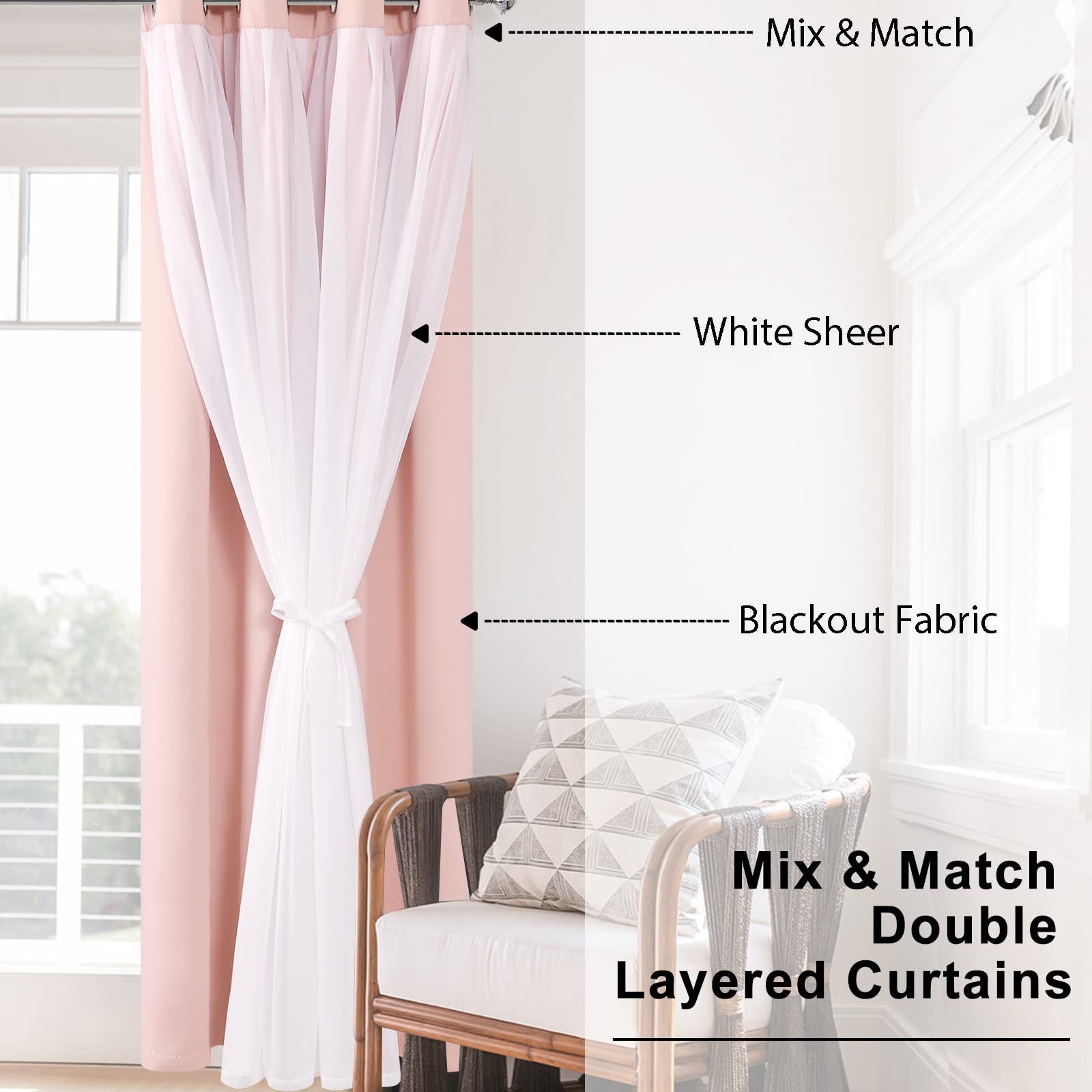 Hiasan Blackout Curtains With Sheer Overlay, Thermal Insulated Mix & Match Double Layer Room Darkening Window Curtains For Bedro