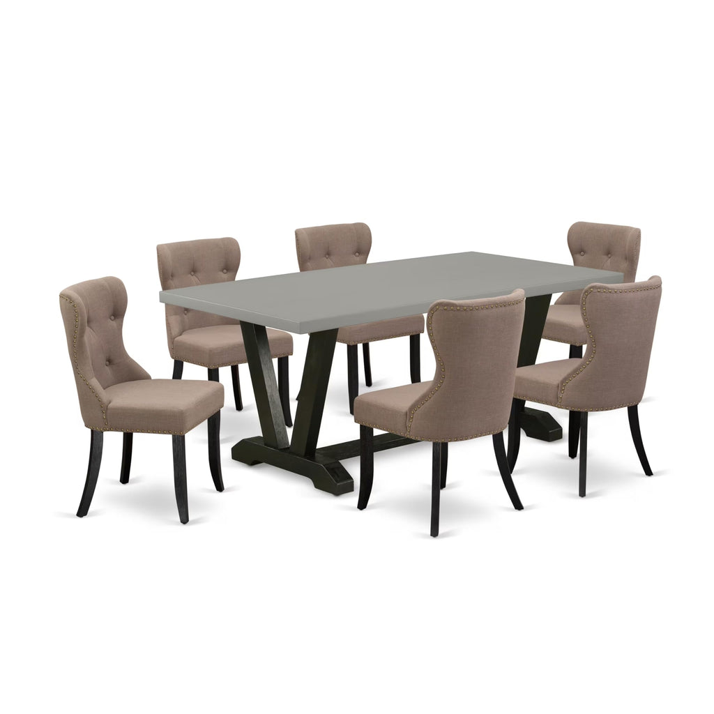 East West Furniture V697Si648-7 7 Piece Dining Room Table Set Consist Of A Rectangle Dining Table With V-Legs And 6 Coffee Linen Fabric Upholstered Chairs, 40X72 Inch, Multi-Color