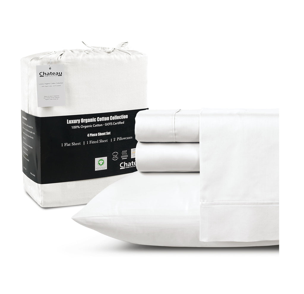 Chateau Home Collection 100% Organic Cotton Sheets King Size,4Pc King Size Sheets,Luxurious Long Staple Cotton Sheets,Sateen Weave,Breathable Sheets King Size Bed,Deep Pocket King Sheets,White