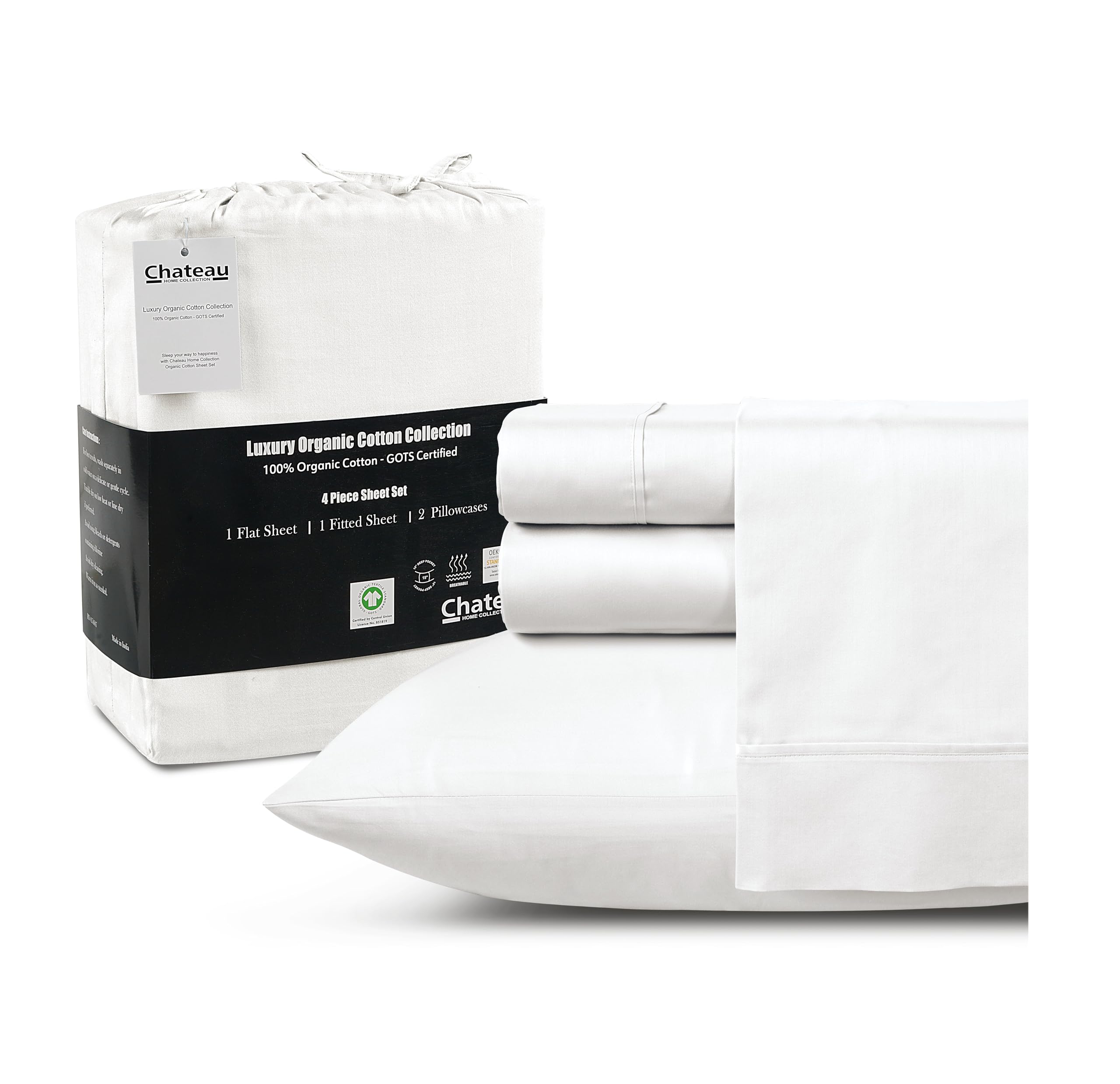 Chateau Home Collection 100% Organic Cotton Sheets King Size,4Pc King Size Sheets,Luxurious Long Staple Cotton Sheets,Sateen Weave,Breathable Sheets King Size Bed,Deep Pocket King Sheets,White