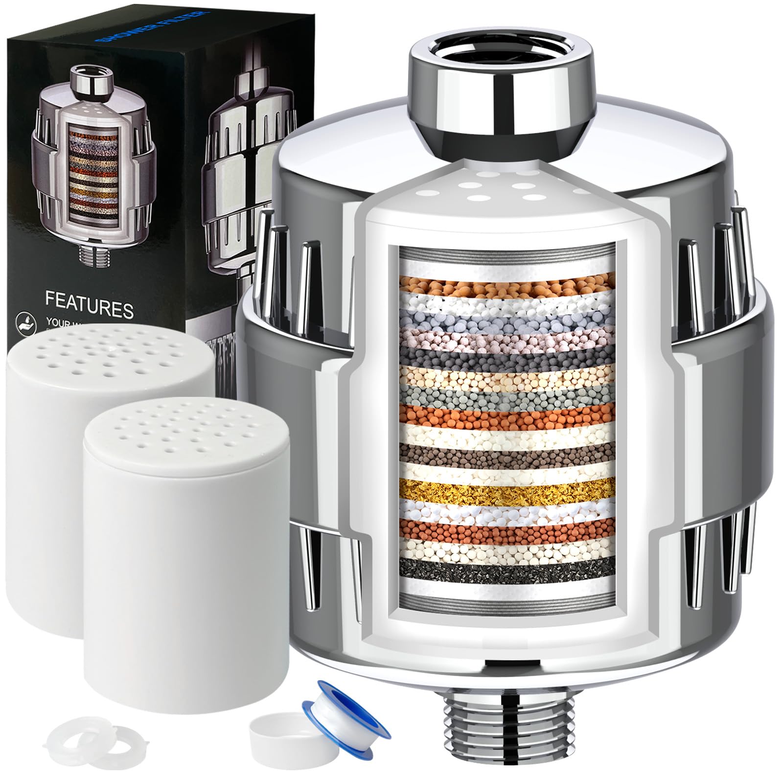 Shower Filter, 20 Stage Shower Head Filter for Hard Water with 2 Cartridges, High Output Shower Water Filter to Remove Chlorine,