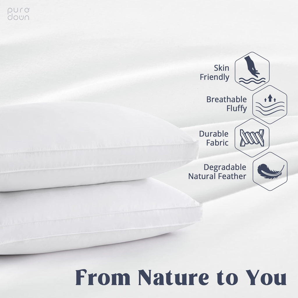 Puredown Goose Feather Down Pillow Gusseted Bed Pillows For Sleeping 100% Cotton Shell Set Of 2 King Size