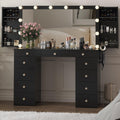 Homdox Vanity Desk with Mirror and Lights, Black Makeup Vanity with 11 Drawers & 2 Sliding Jewelry Storage Shelves & Charging St