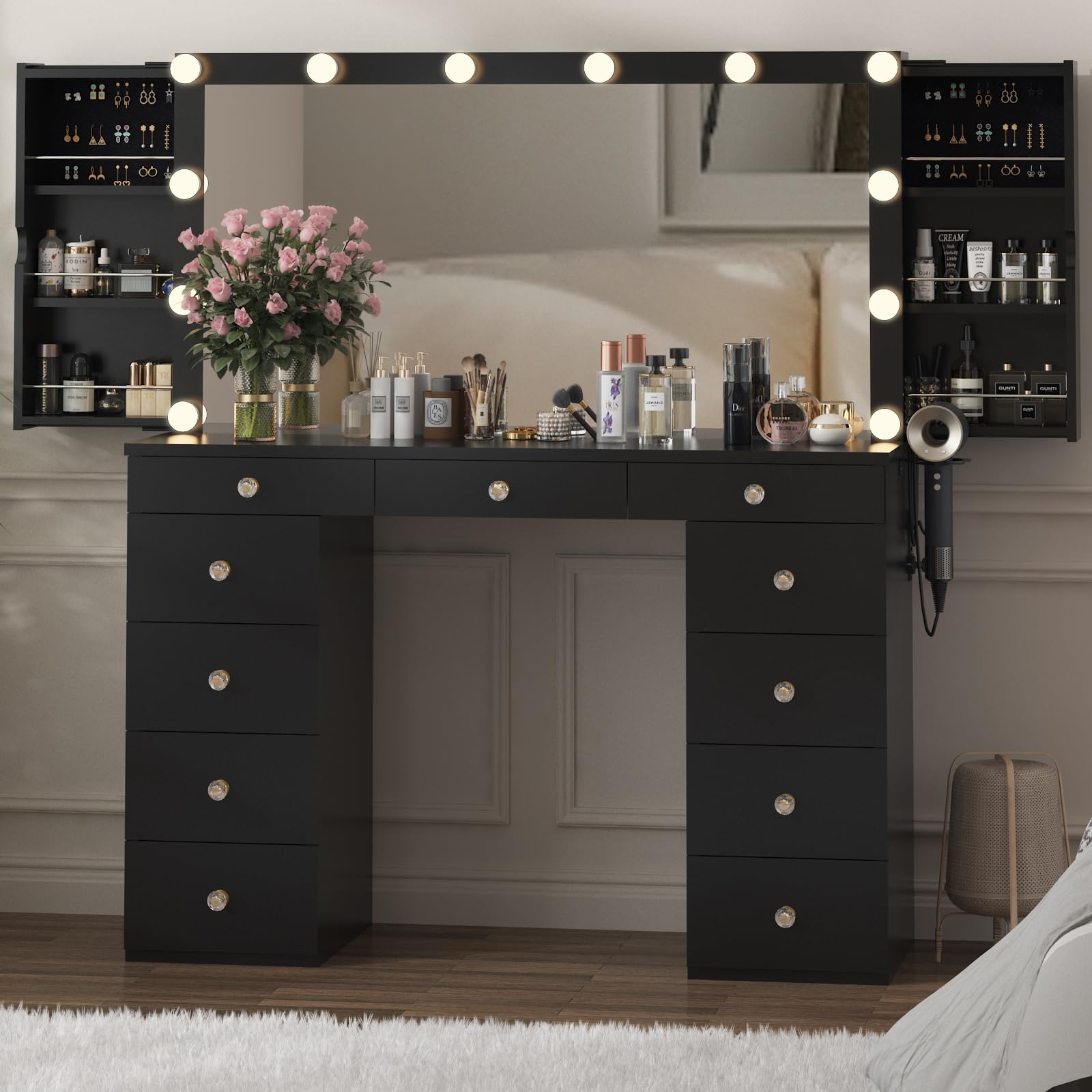 Homdox Vanity Desk with Mirror and Lights, Black Makeup Vanity with 11 Drawers & 2 Sliding Jewelry Storage Shelves & Charging St