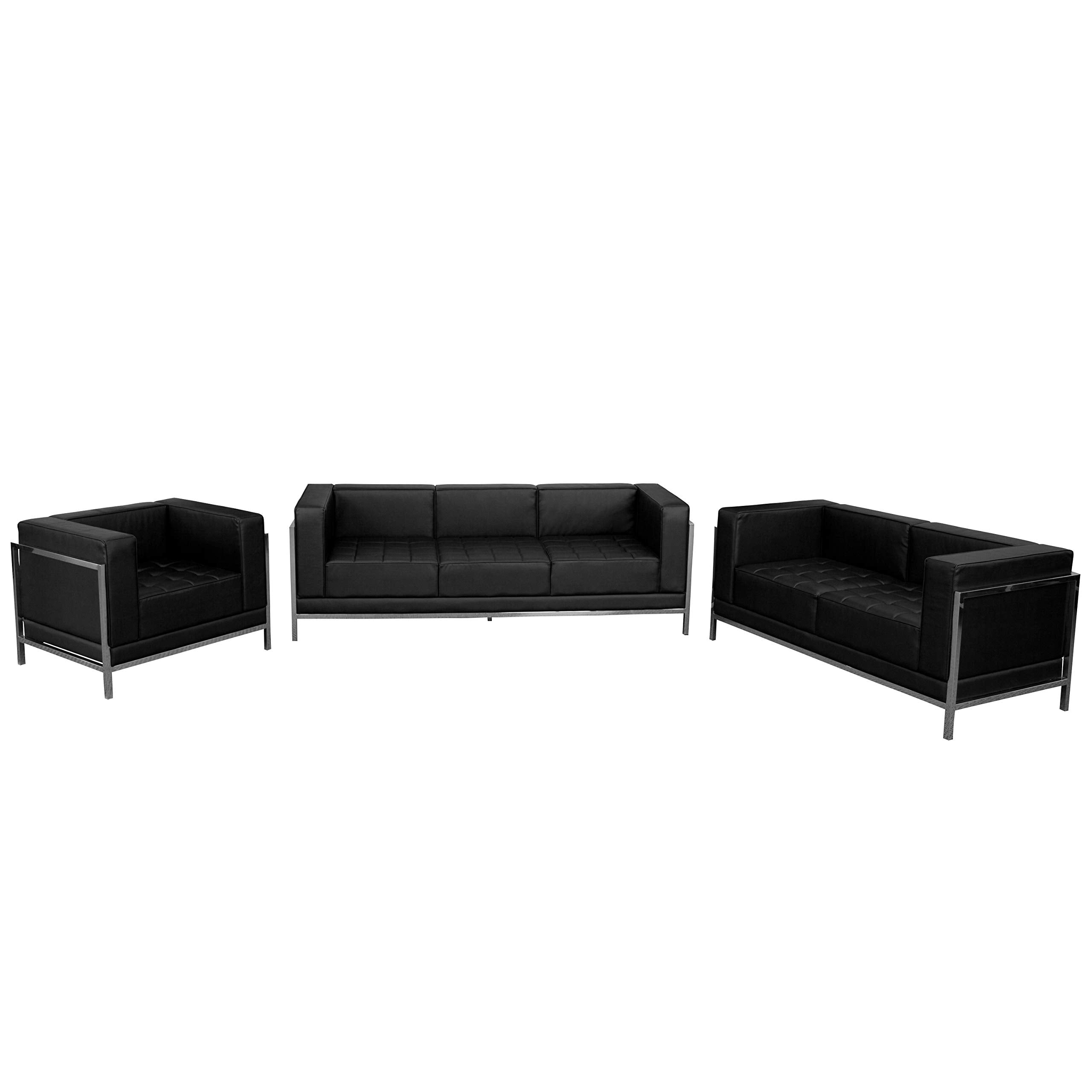 Flash Furniture HERCULES Imagination Series Black LeatherSoft 3 Piece Sofa Set with Stainless Steel Legs