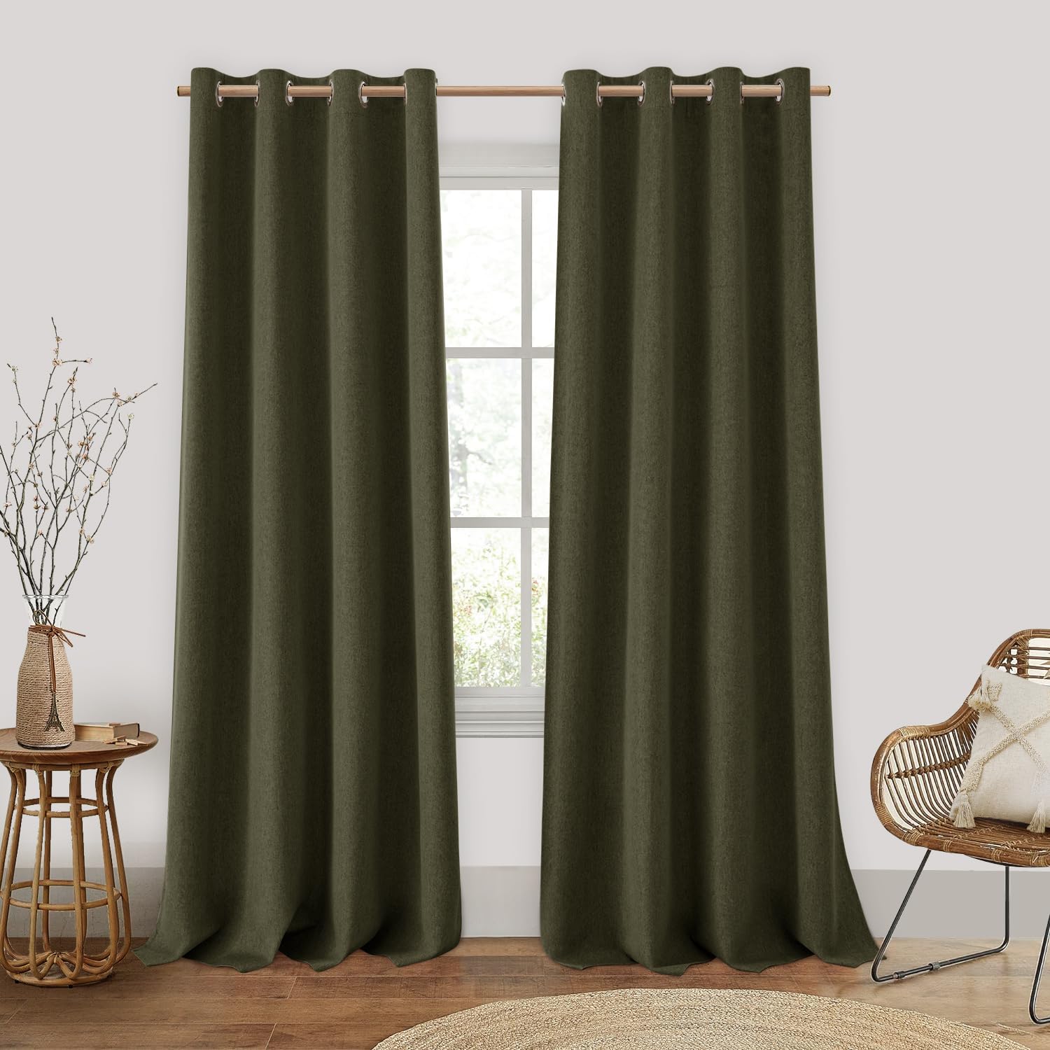 HOMEIDEAS Olive Green 100% Blackout Curtains, 2 Panels 52 X 96 Inches Faux Linen Curtains Room Darkening Curtains Thermal Insula
