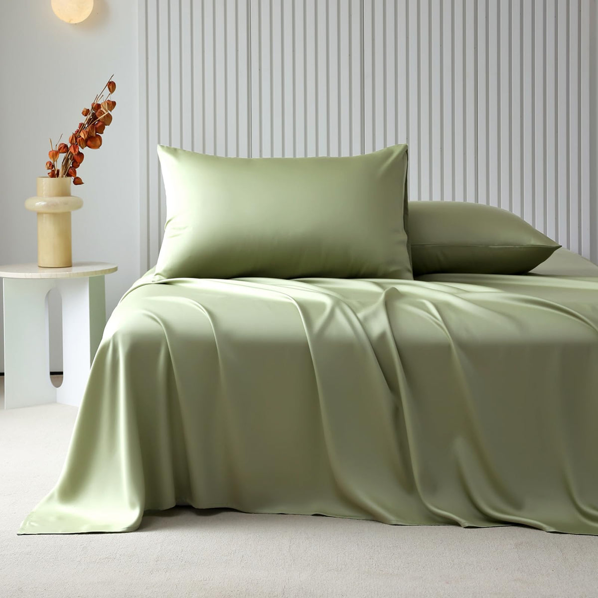 Highbuy Tencel Sheets Twin Bedding Sheet & Pillowcase Sets - Sage Green Twin Bed Sheet Set 3 Piece,Extra Cooling Lyocell Sheets