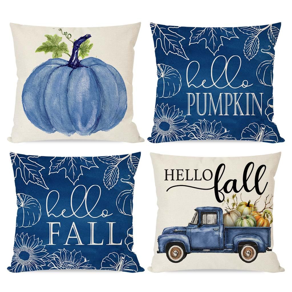 Pandicorn Blue Fall Pillow Covers 16X16 Set Of 4 Hello Pumpkin Truck Leaves Outdoor Farmhouse Autumn Fall Pillows Decorative Thr